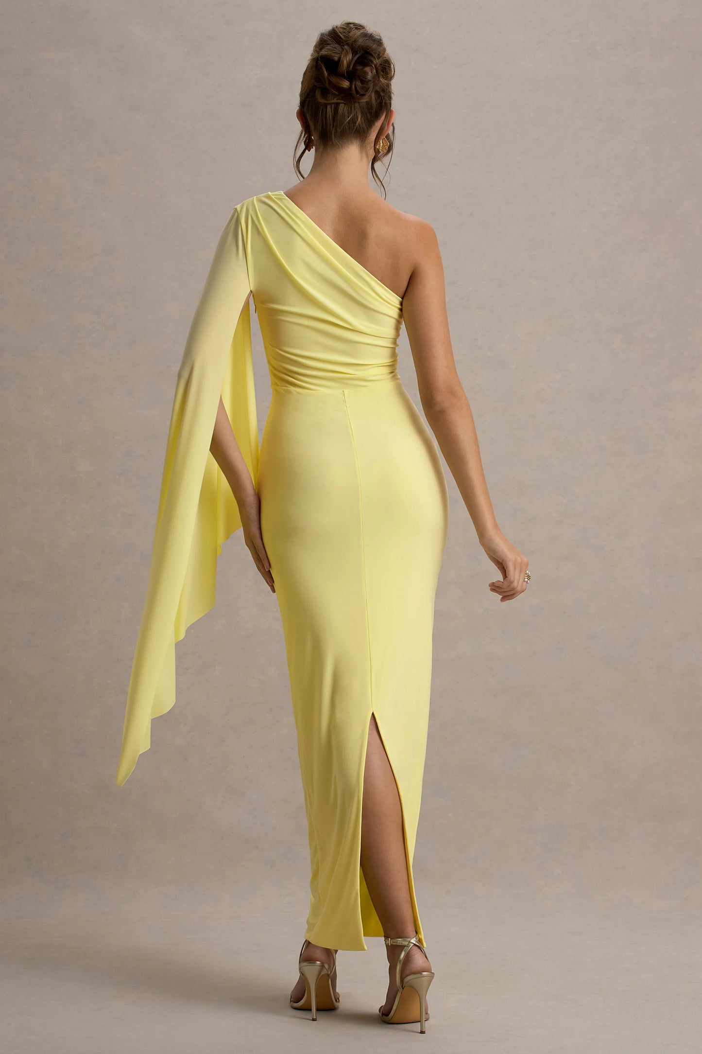 Clementina Lemon Asymmetric Cape Sleeve Maxi Dress