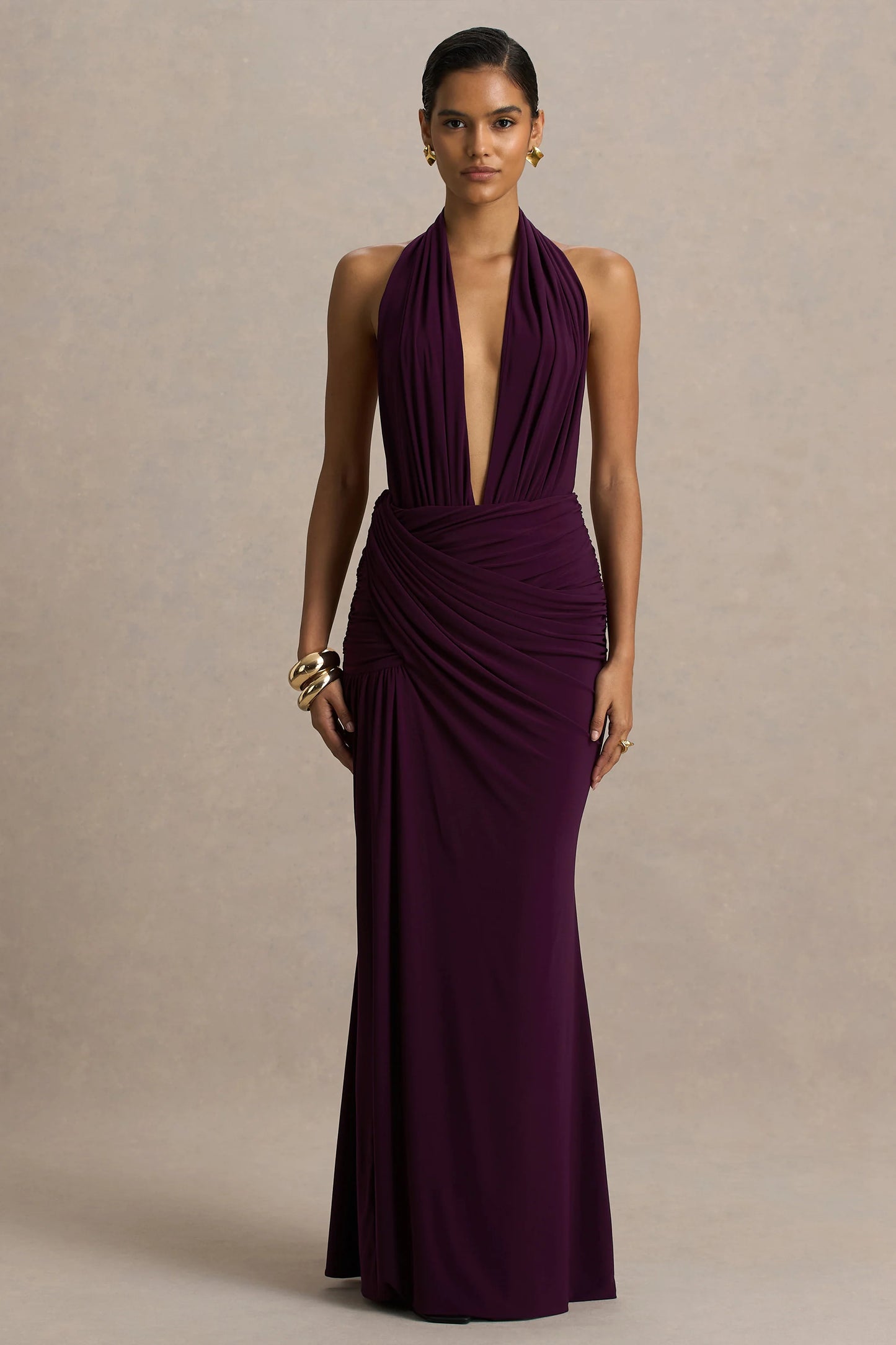 Tilly Burgundy Extreme Plunge-Neck Maxi Dress With Wrap And Ruched Details