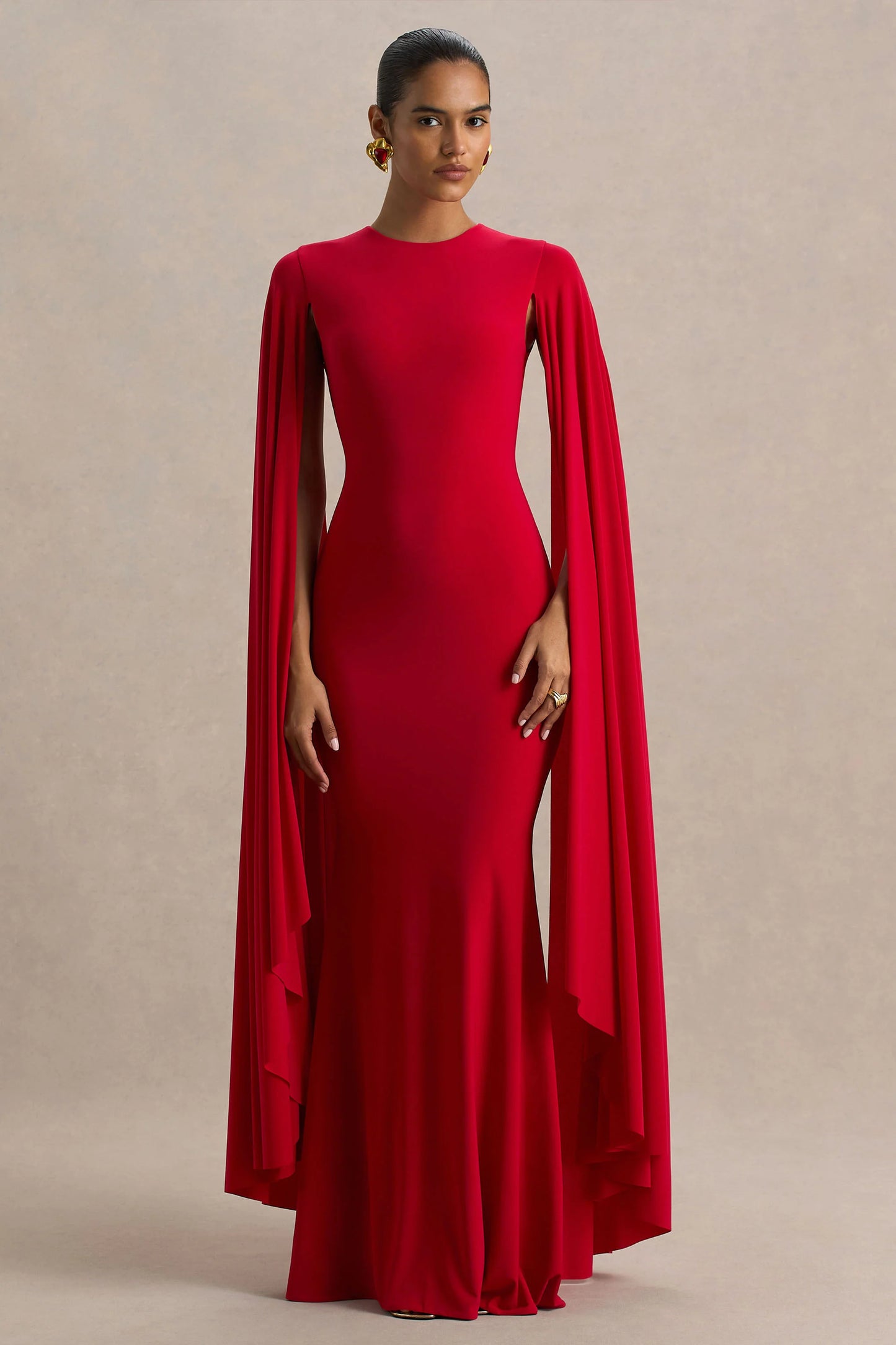 Briony Red Crew-Neck Maxi Dress With Cape Sleeves