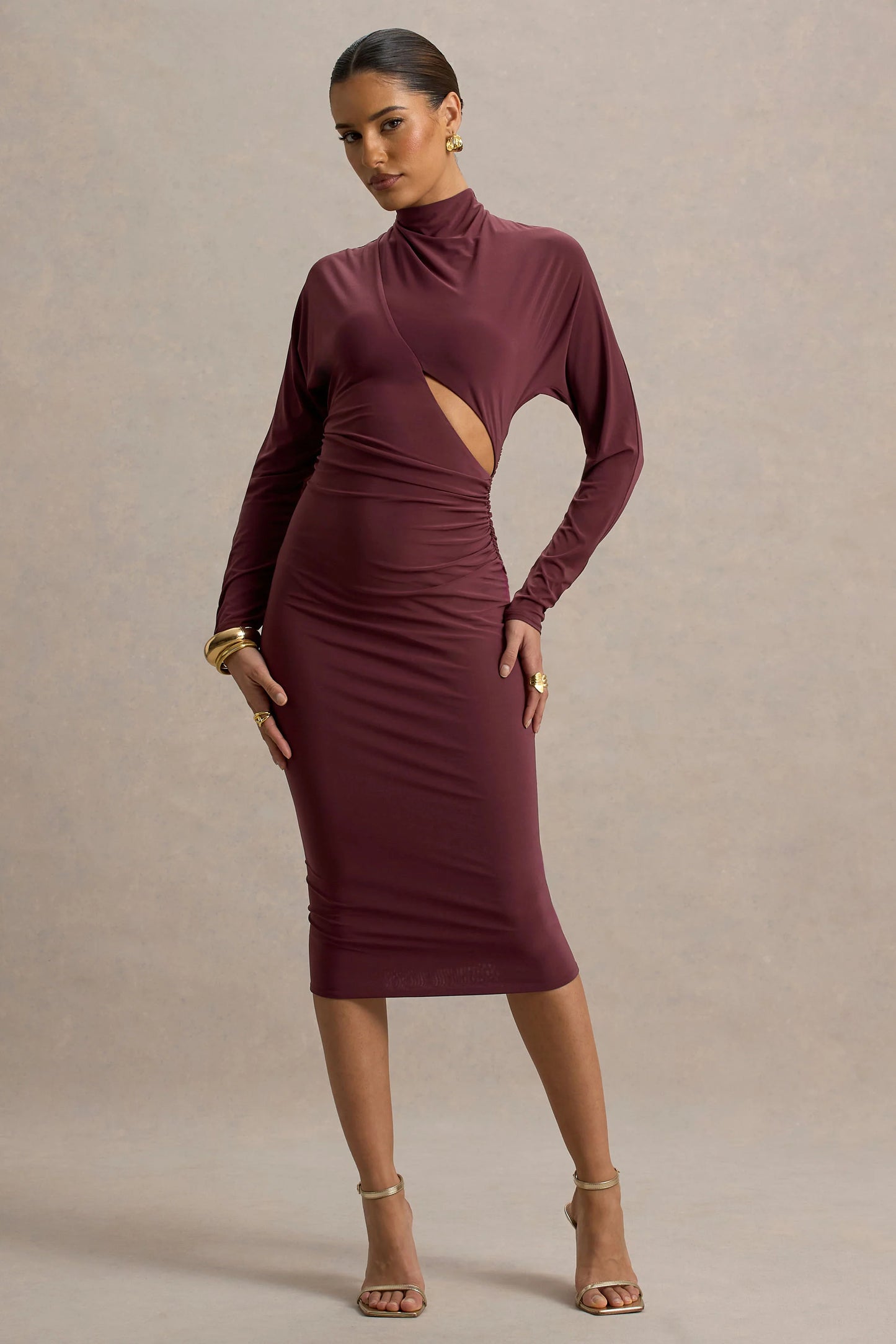 Pandora Burgundy Long-Sleeve Midi Dress With Cut-Out