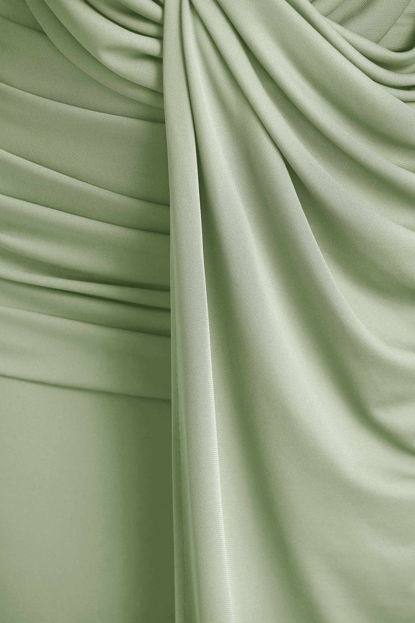 Serafina Light Green Extreme-Plunge Neck Maxi Dress With Wrap And Ruched Details