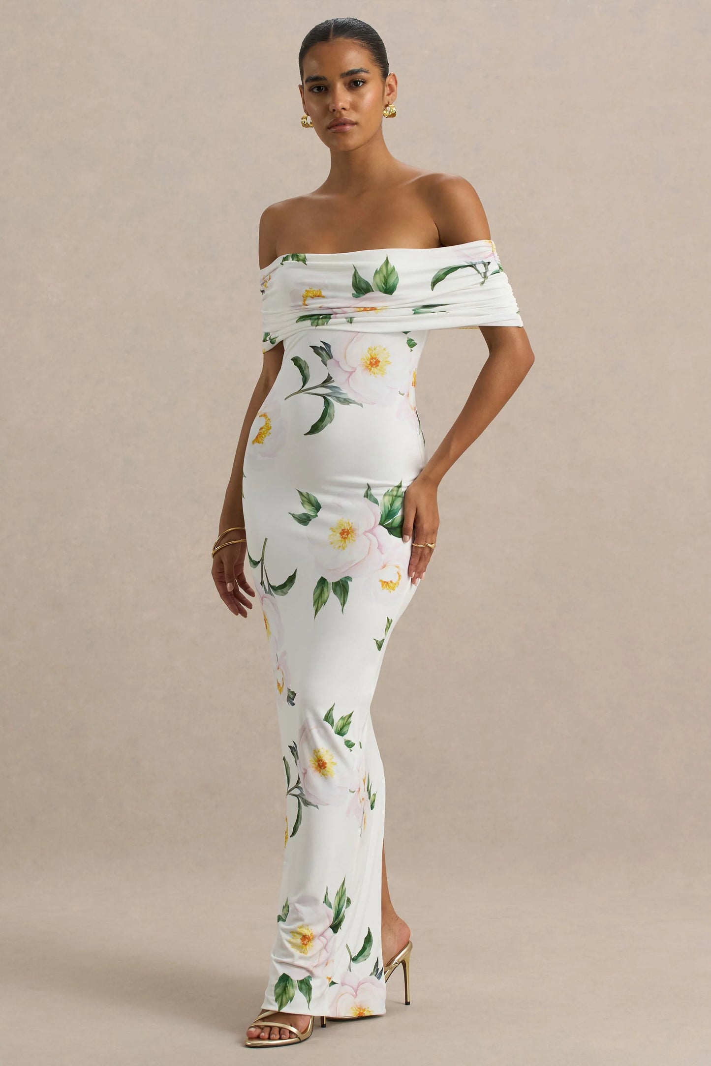 Capri White Rose Print Bardot-Neck Maxi Dress With Ruched Detailing