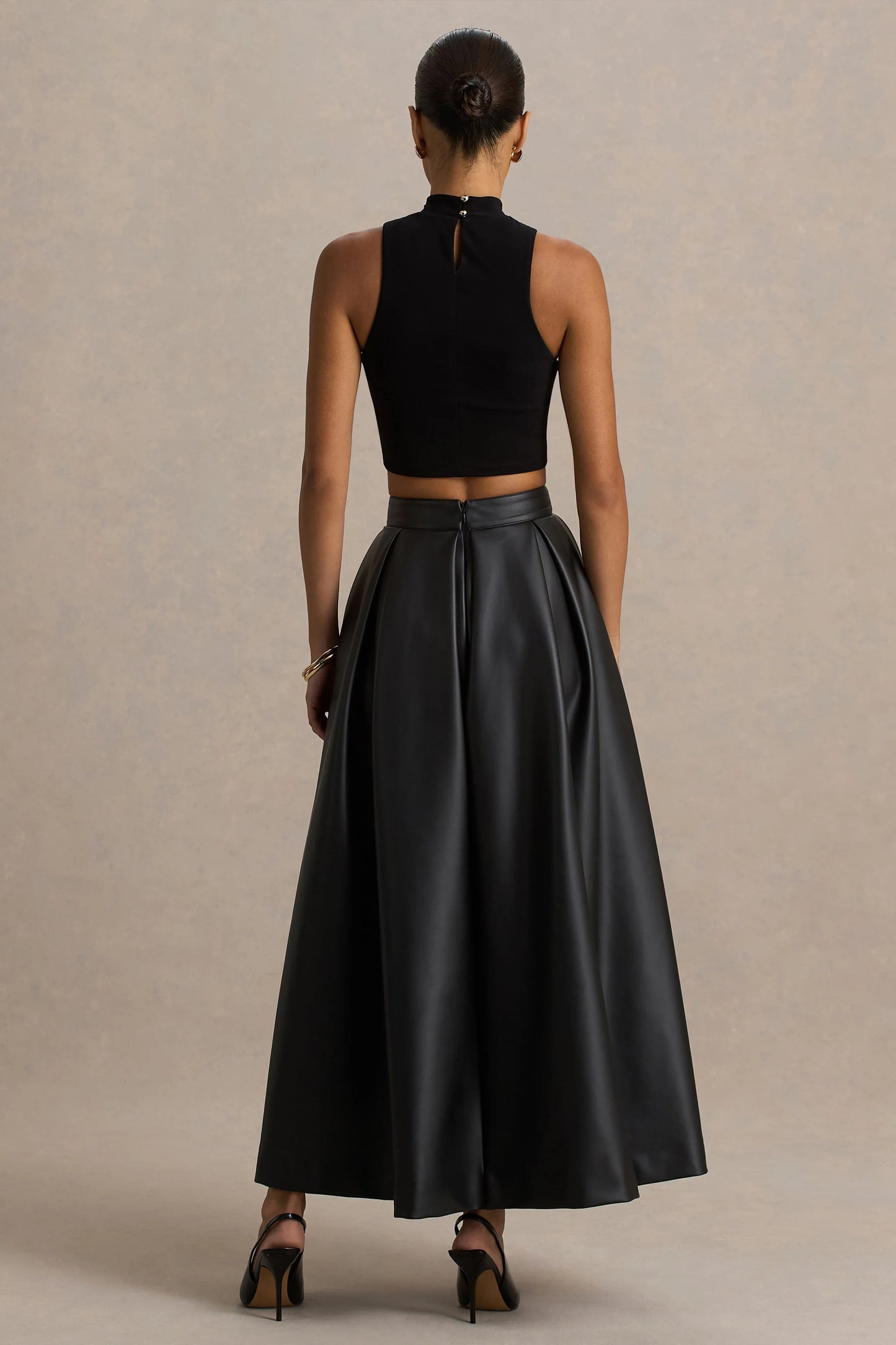 Noa Black Faux Leather A-Line Midi Skirt