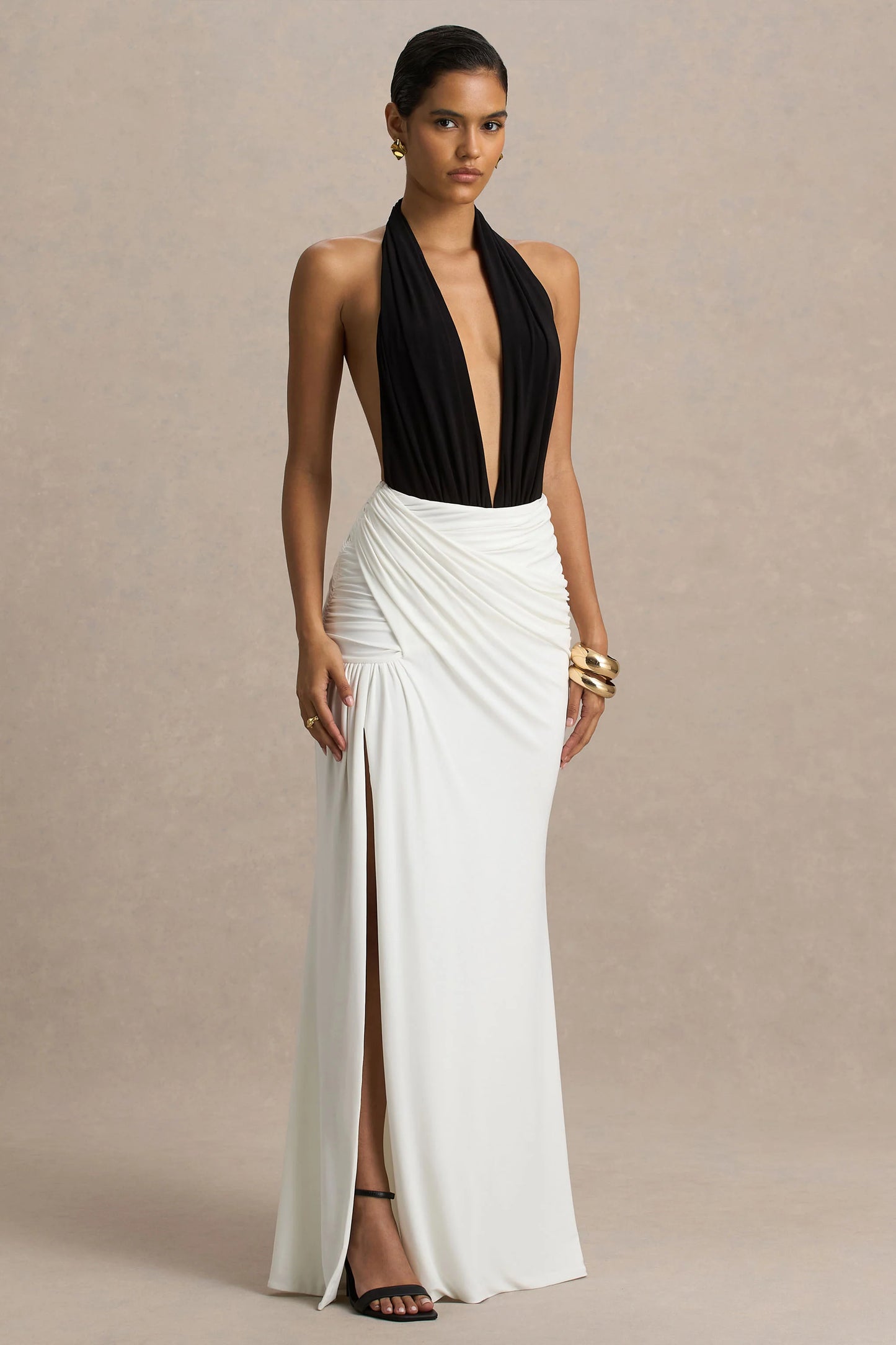 Tilly Black And White Extreme-Plunge Neck Maxi Dress With Wrap And Ruched Details