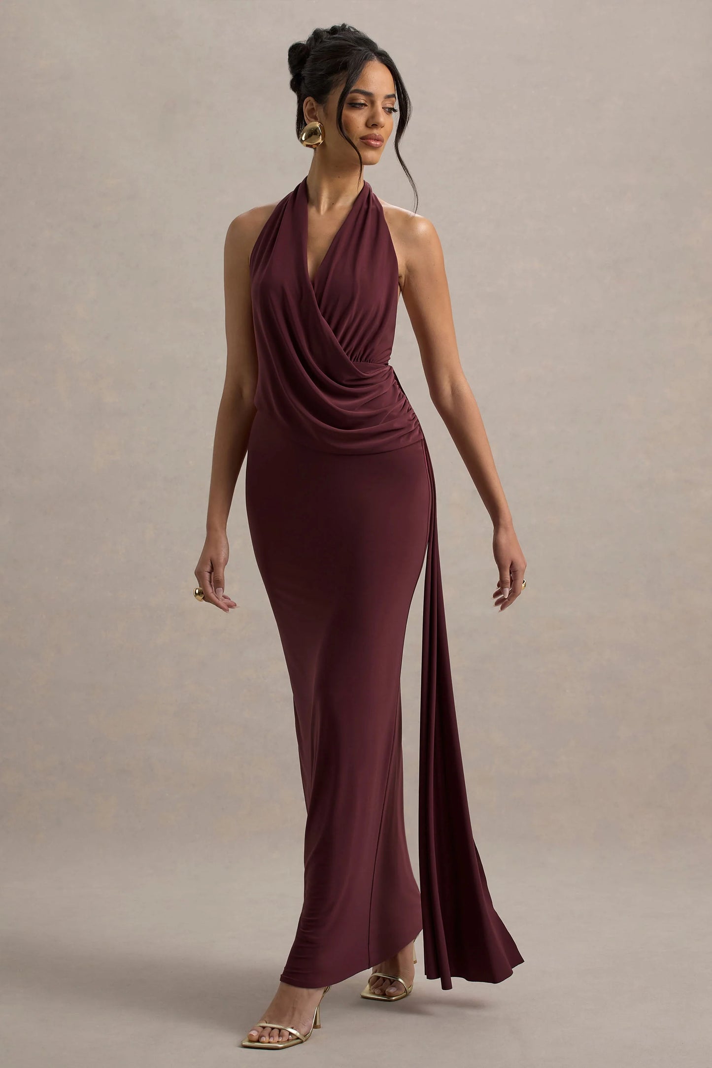 Rosina Burgundy Halter-Neck Draped Maxi Dress With Sash