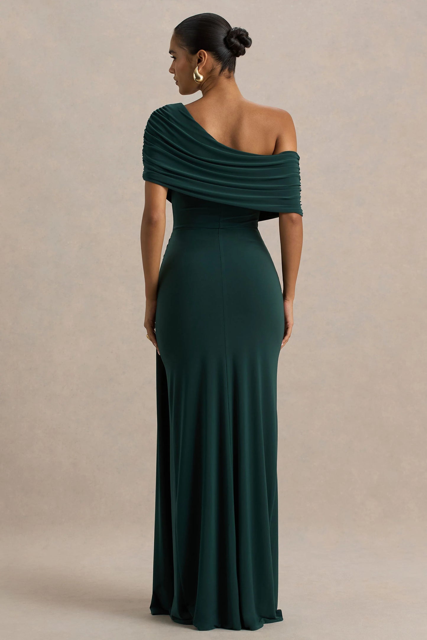 Dynasty Dark Green Asymmetric-Neck Maxi Dress With Ruched Detailing And Front High-Split