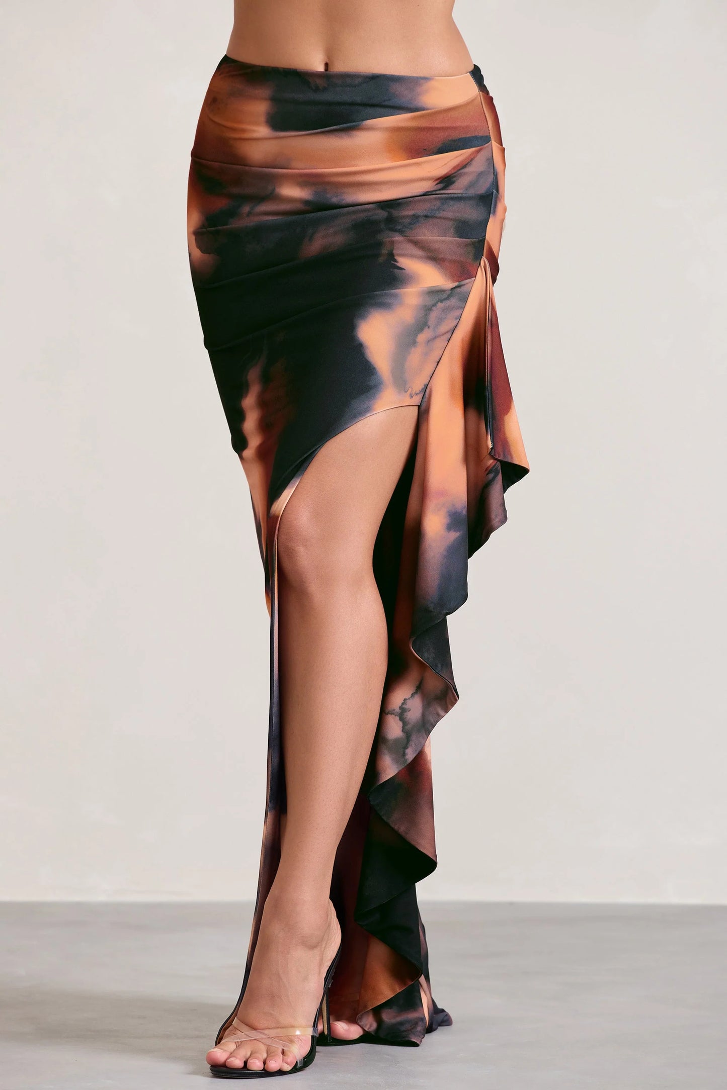 La Belle Orange Smoke Print Ruffle Maxi Skirt With Thigh Split