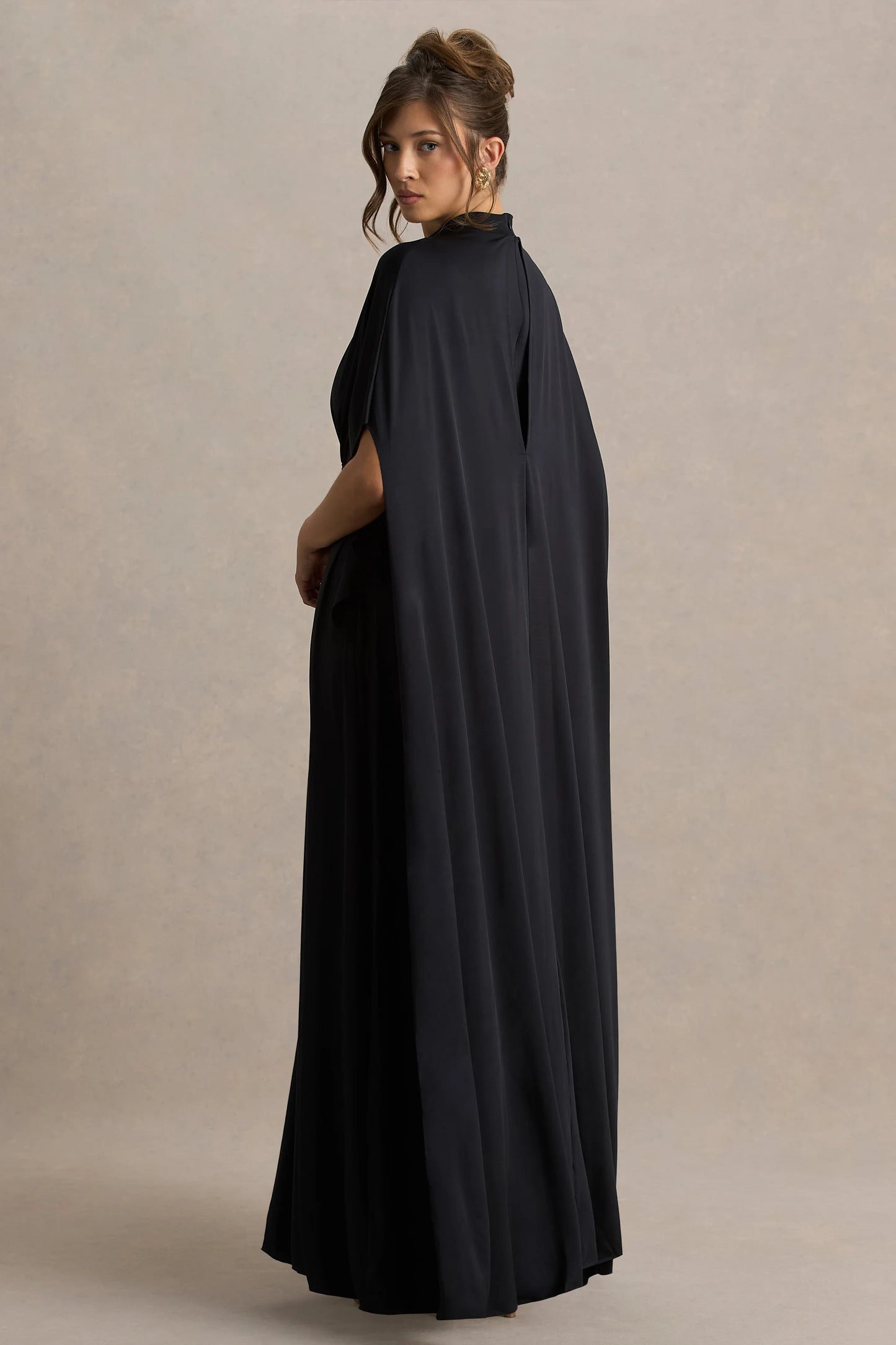Olessia Black Belted Gathered Cape-Sleeve Maxi Dress