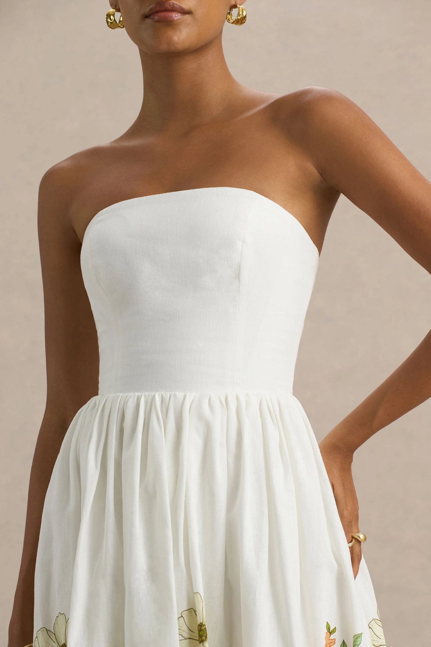 Ivory Sunflower Print Bandeau High-Low Midi Dress