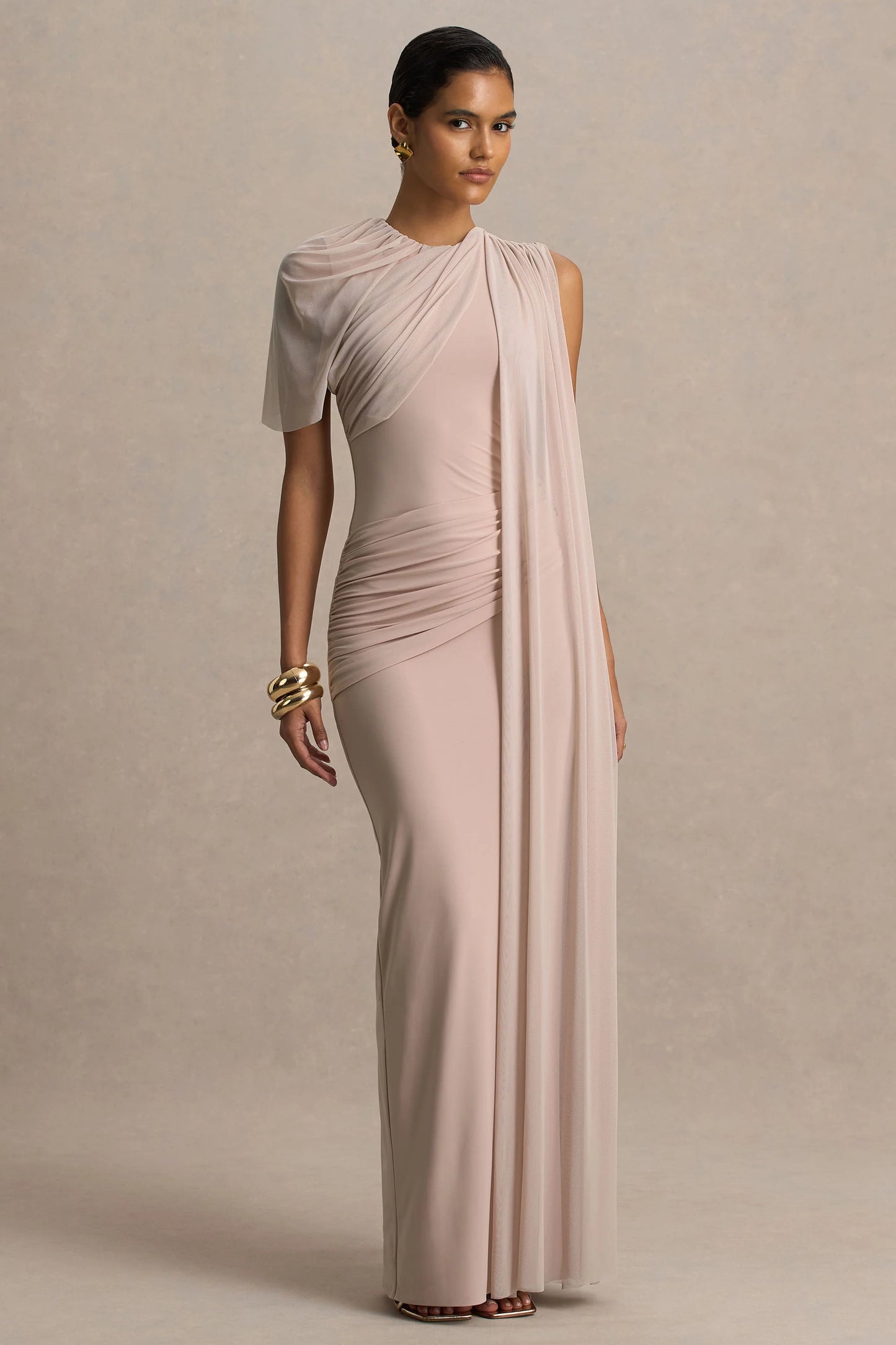 Brenda Champagne Crew-Neck Maxi Dress With Mesh Cape And Sash
