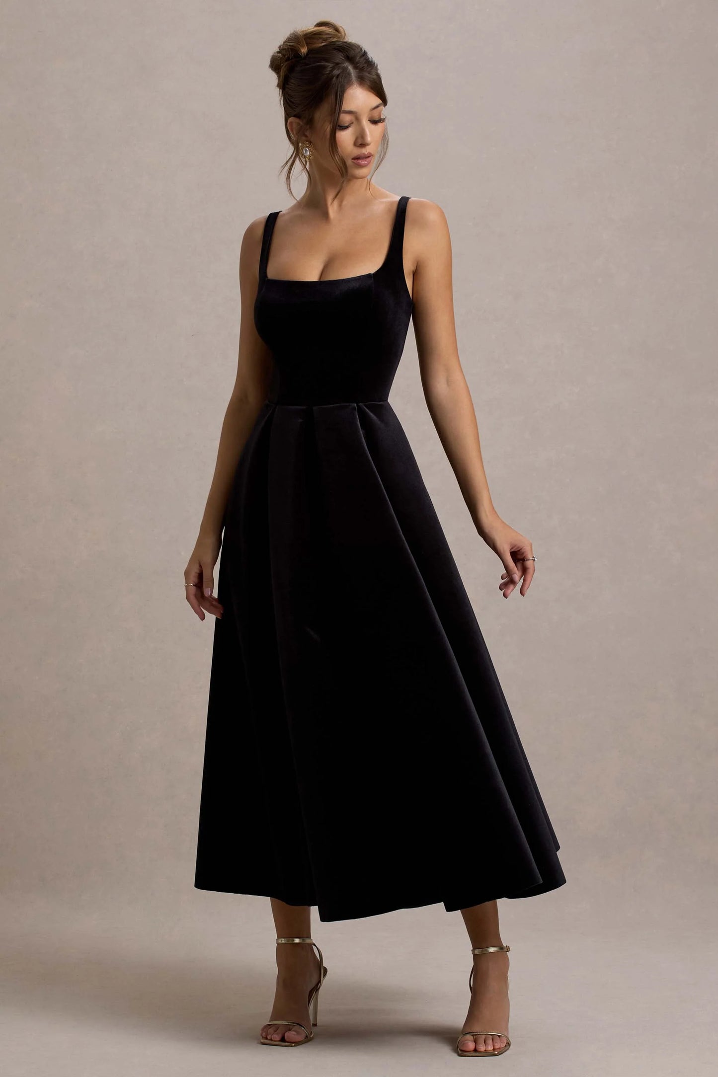 Francisca Black Velvet Strappy Volume-Hem Midi Dress