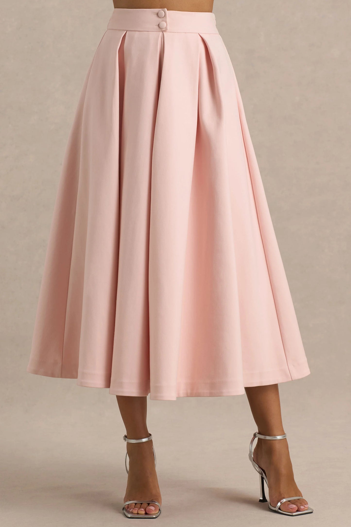 Sara Baby Pink Midi Skirt With Buttons