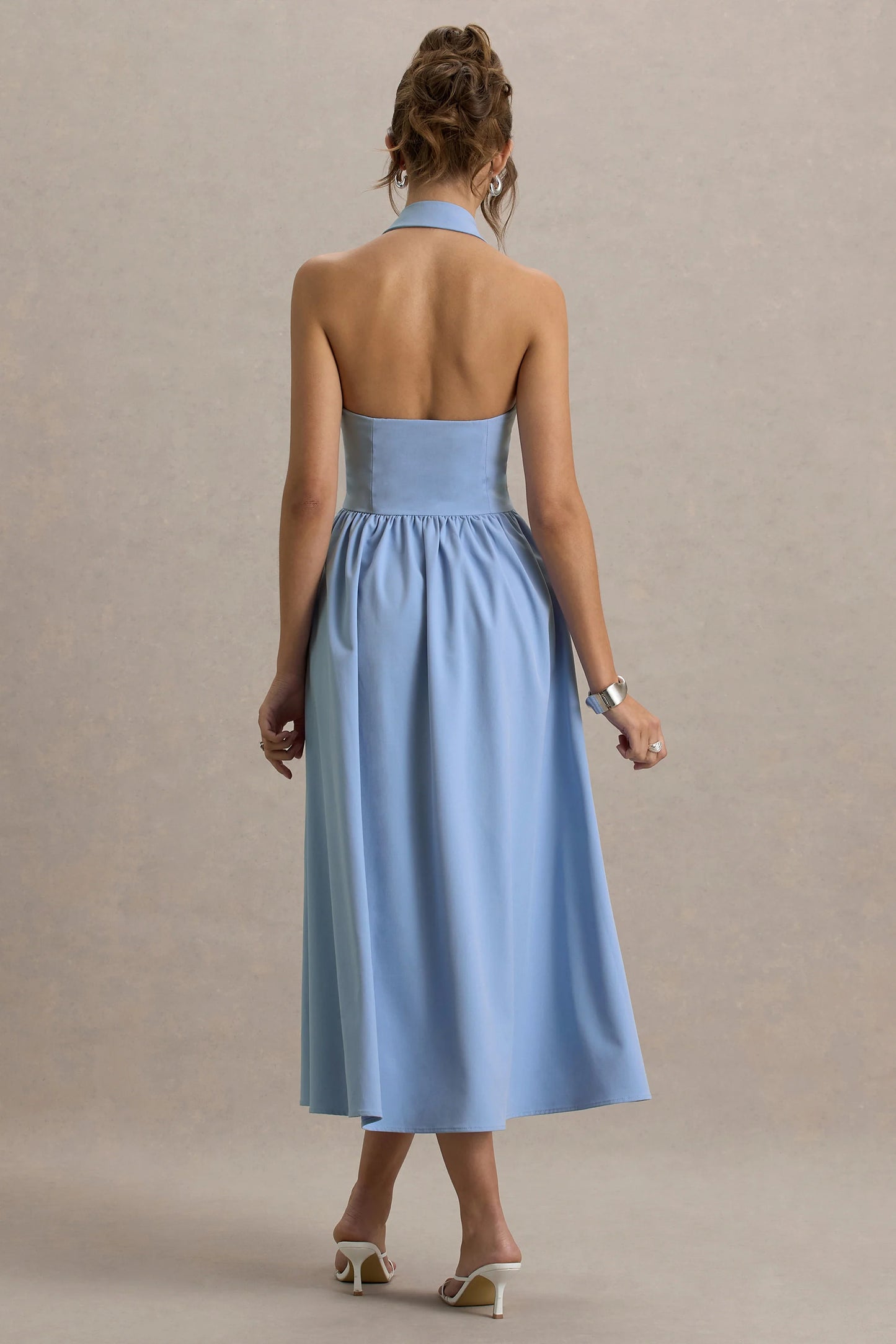 Samsara Light Blue Plunge-Neck Collared Midi Dress