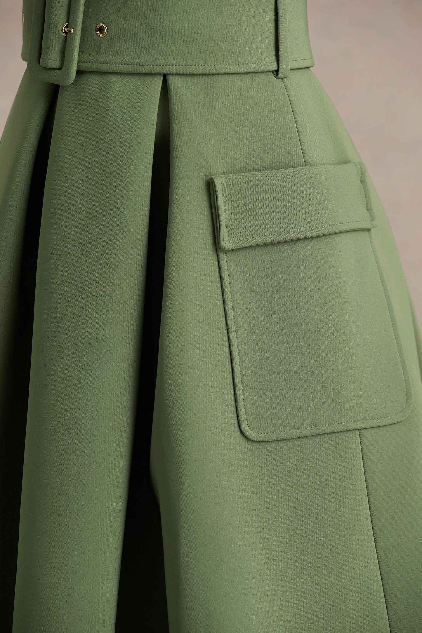 Elisia Olive Crew-Neck Belted Midi Dress