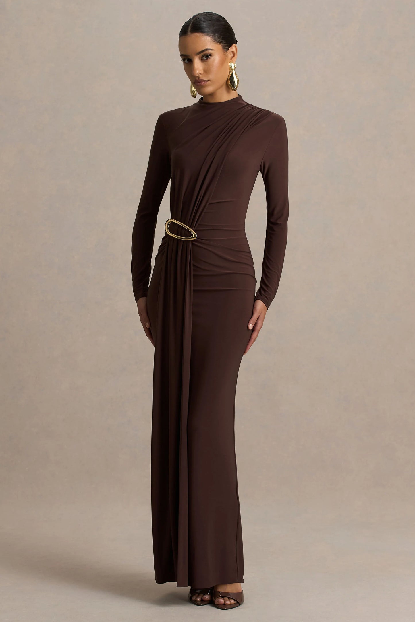 Zadie Brown High-Neck Maxi Dress With Gathered-Detail