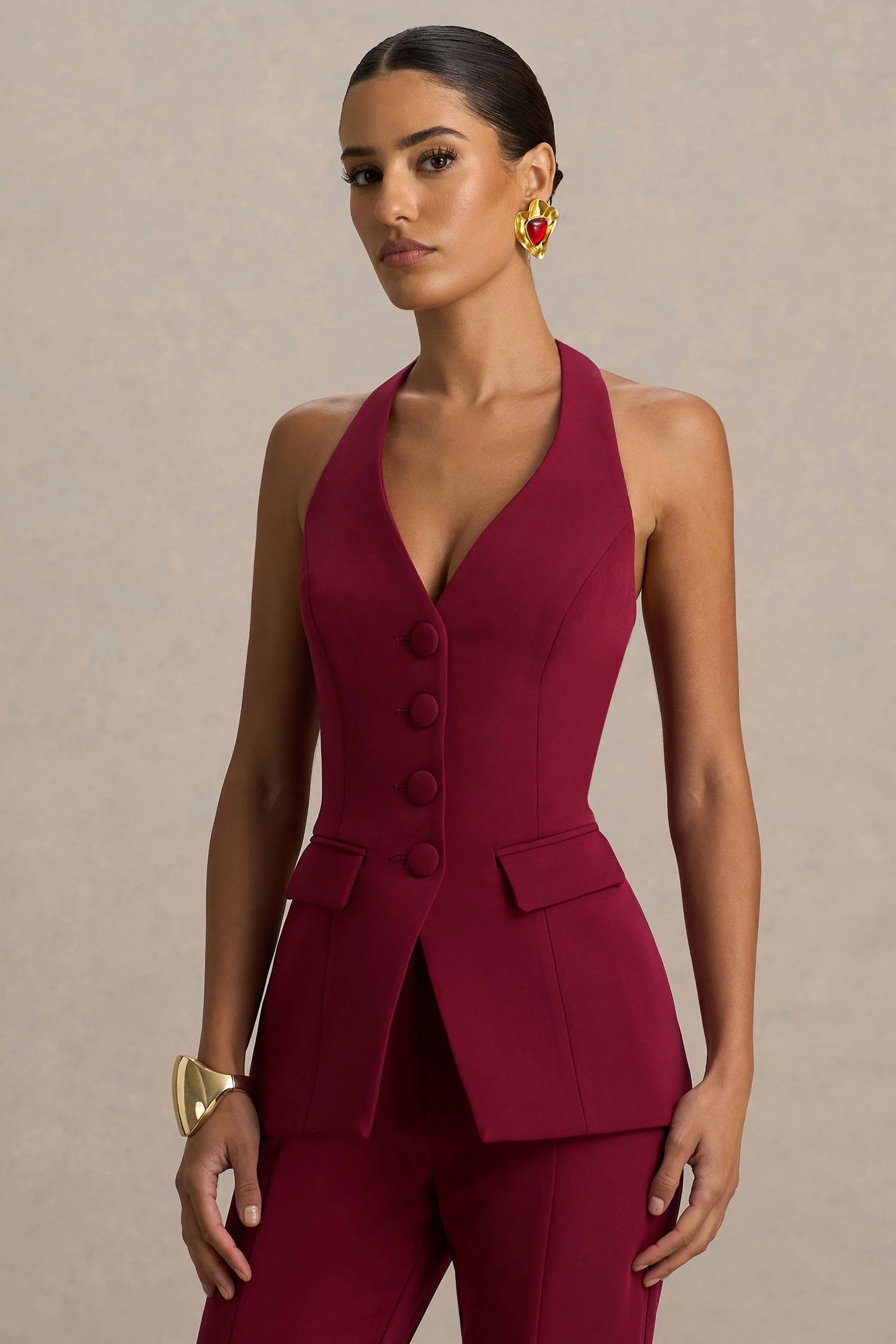 Tecla Burgundy Button-Up Tailored Waistcoat