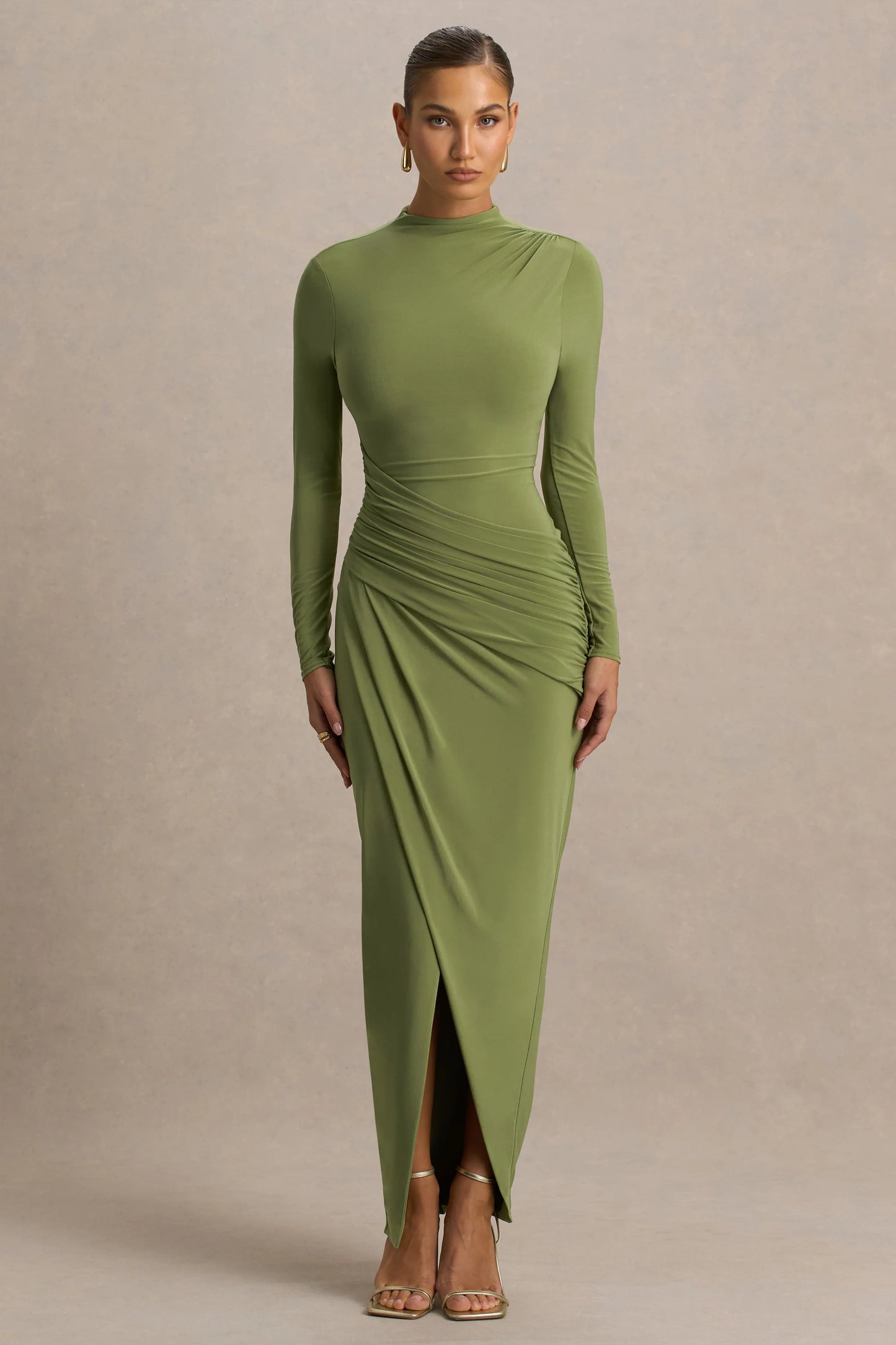 Zephyra Olive High-Neck Wrapped Maxi Dress