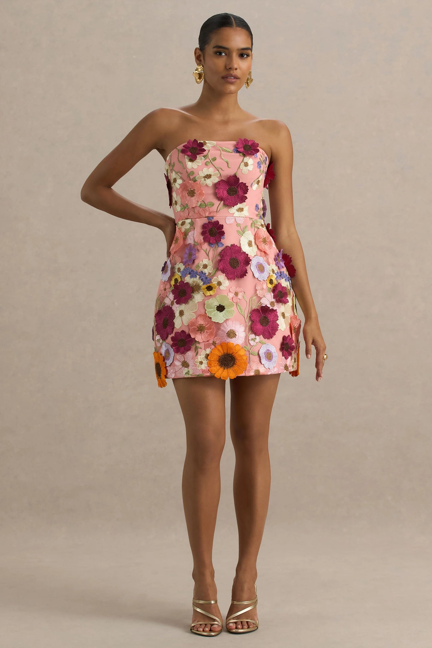 Kristen Pink Floral Bandeau-Neck Mini Dress
