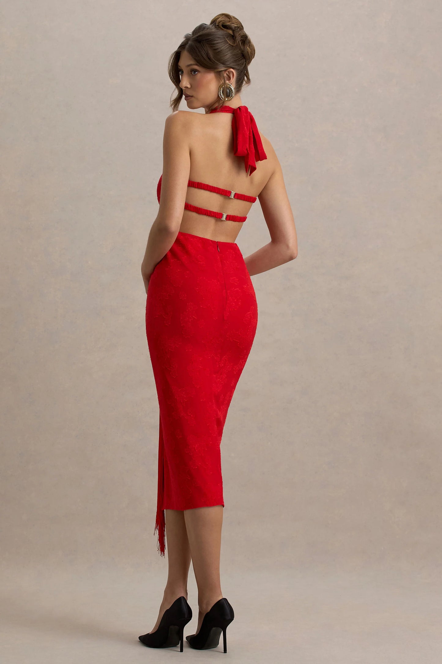 Auria Red Satin Devore Plunge-Neck Midi Dress With Fringe Details