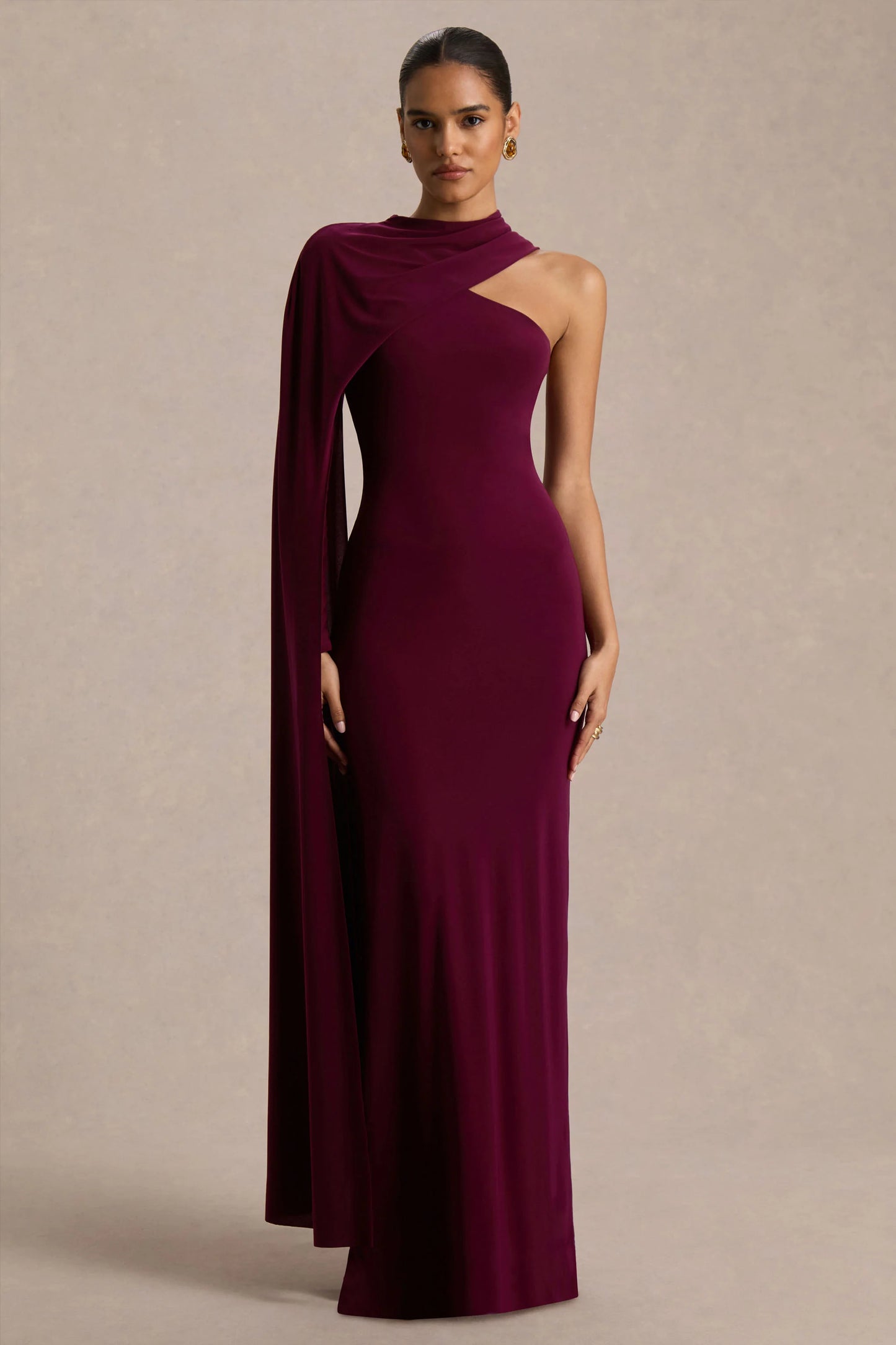 Dawn Burgundy Asymmetric-Neck Maxi Dress With One Long-Sleeve And Cape