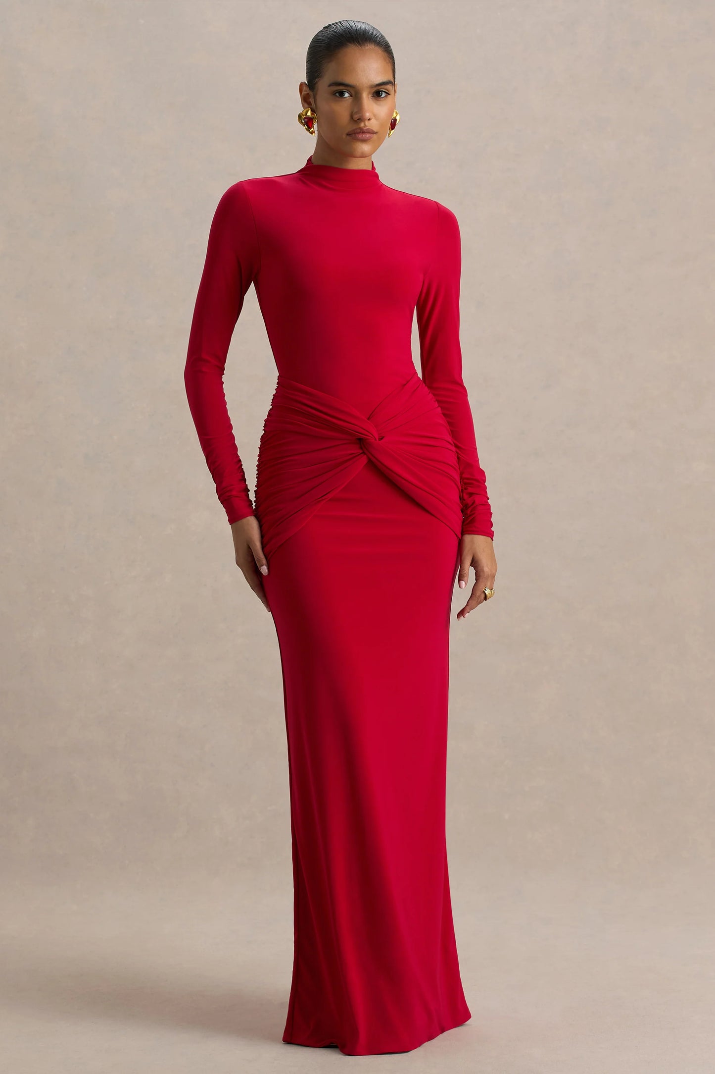 Alula Red High-Neck Maxi Dress With Twist Detail