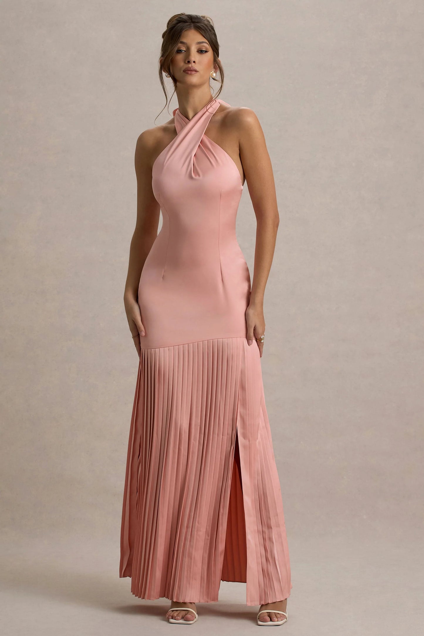 Sansa Light Pink Satin Cross Halter-Neck Plisse Maxi Dress