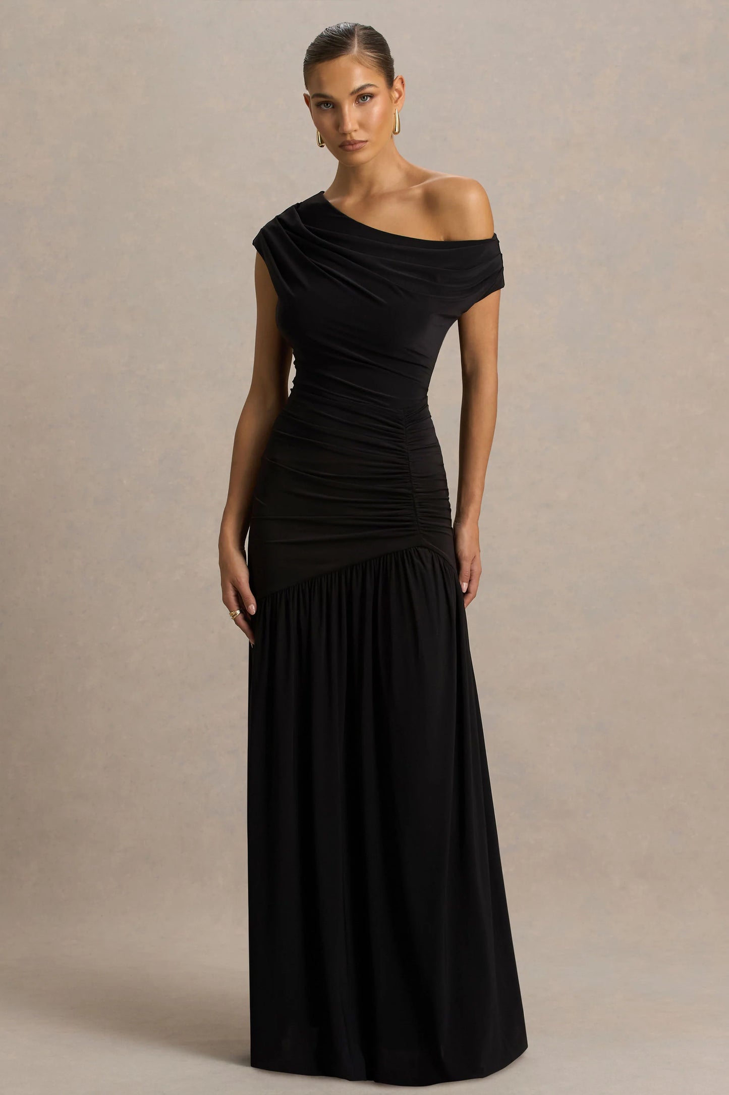 Kady Black Asymmetric-Neck Maxi Dress With Ruched Detailing and Front-High Split