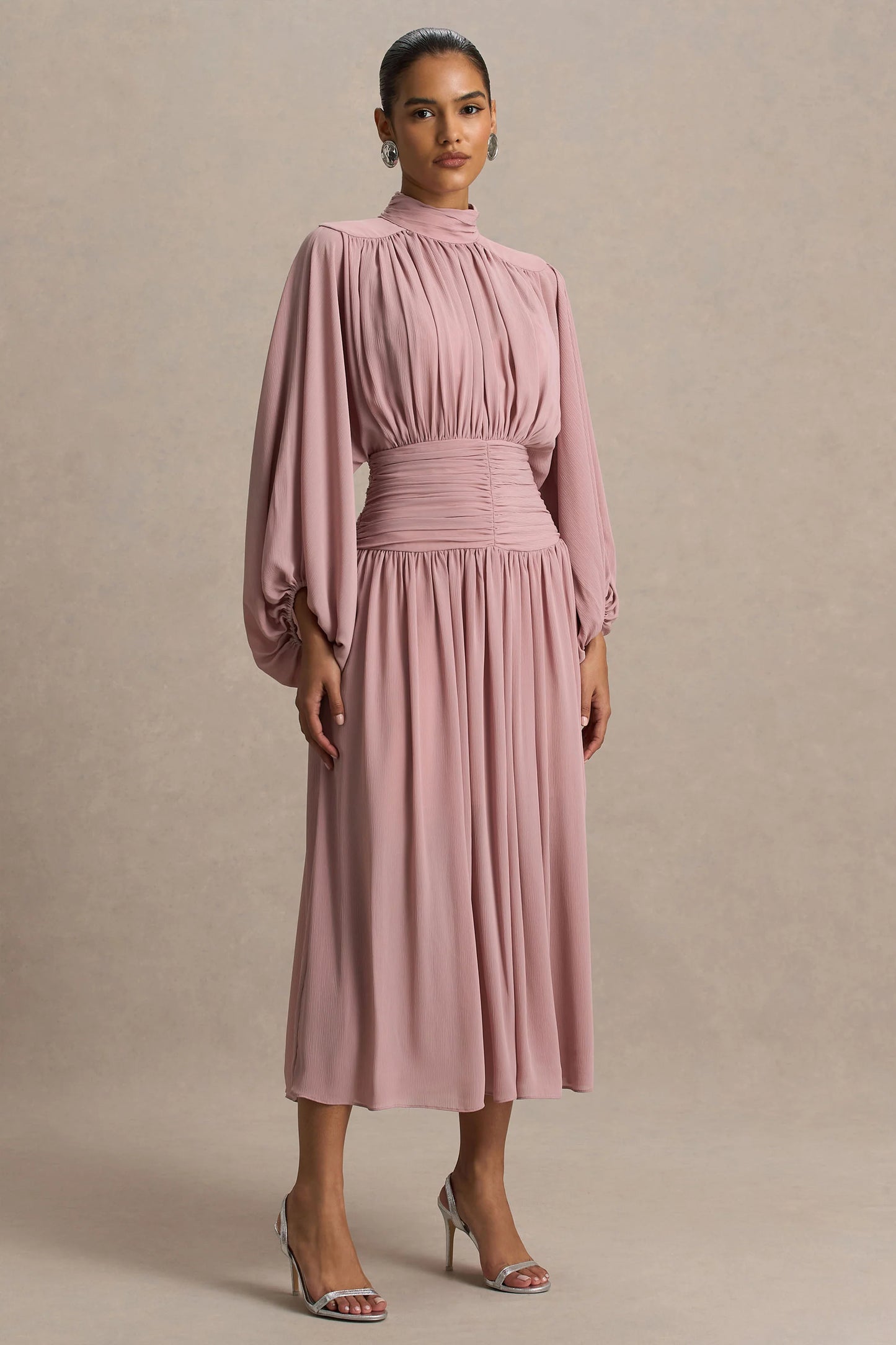 Annabel Dusty Pink High-Neck Midi Dress With Drop-Waist And Pleated Detailing