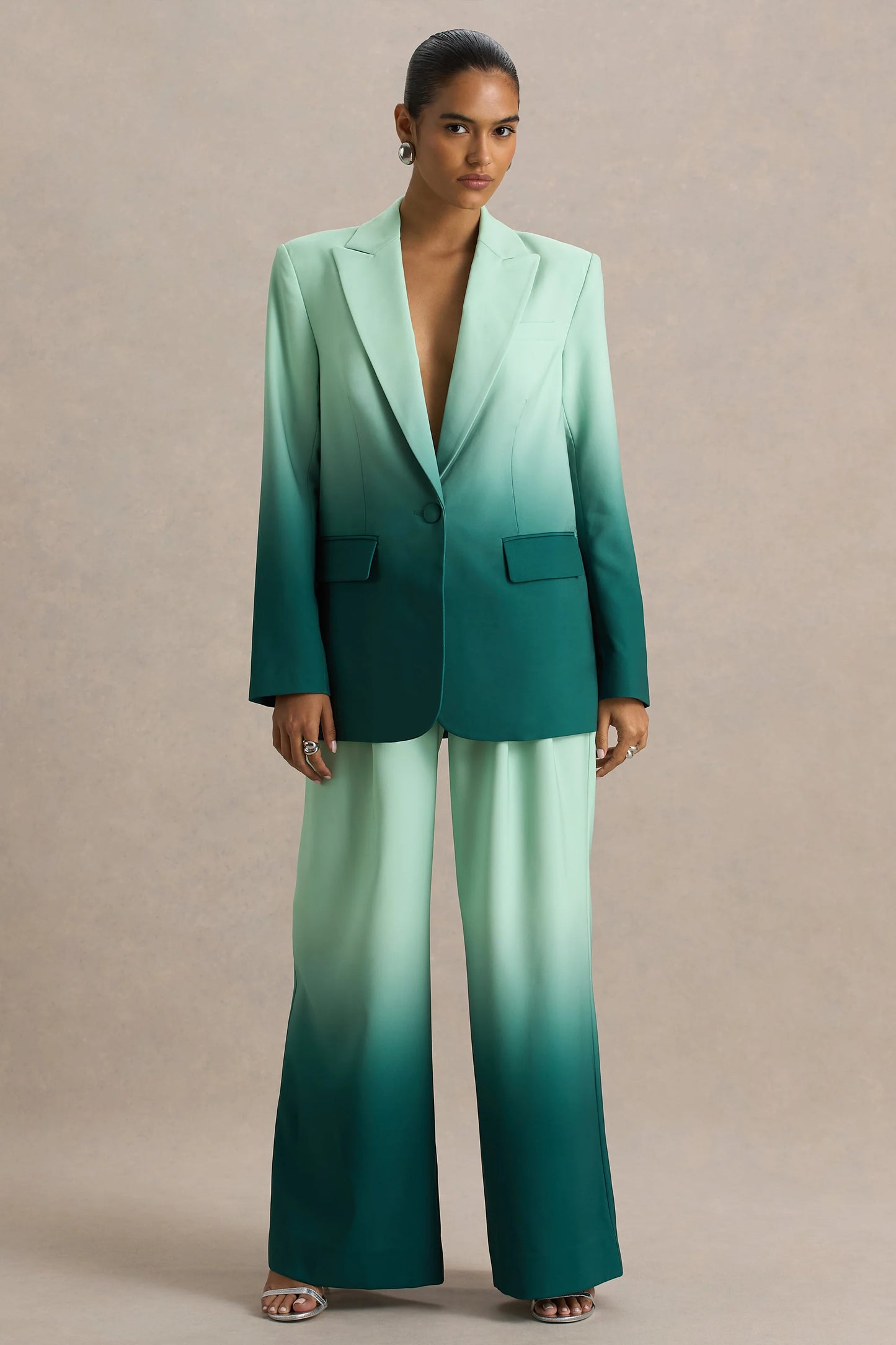 Enya Emerald Ombre Plunge-Neck Satin Blazer