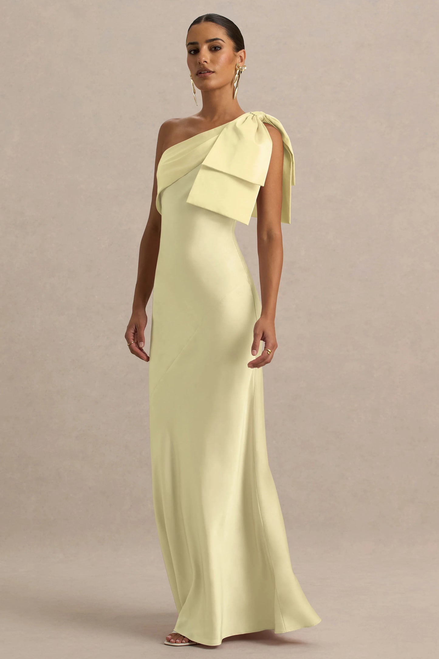 Valerie Lemon Satin Asymmetric-Neck Maxi Dress With Bow Detail
