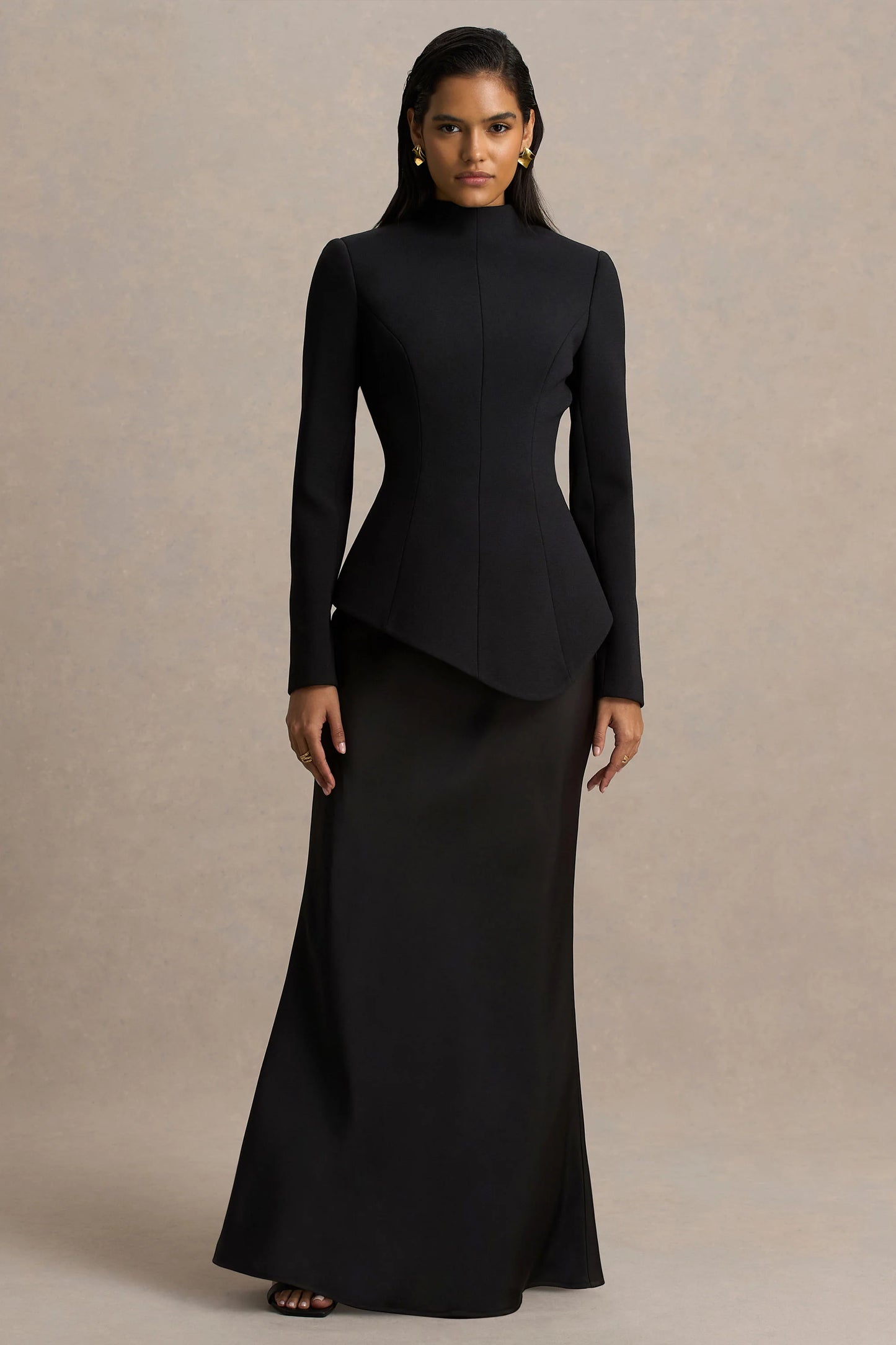 Pepita Black High-Neck Tailored Maxi Dress With Drop-Waist And Satin Skirt
