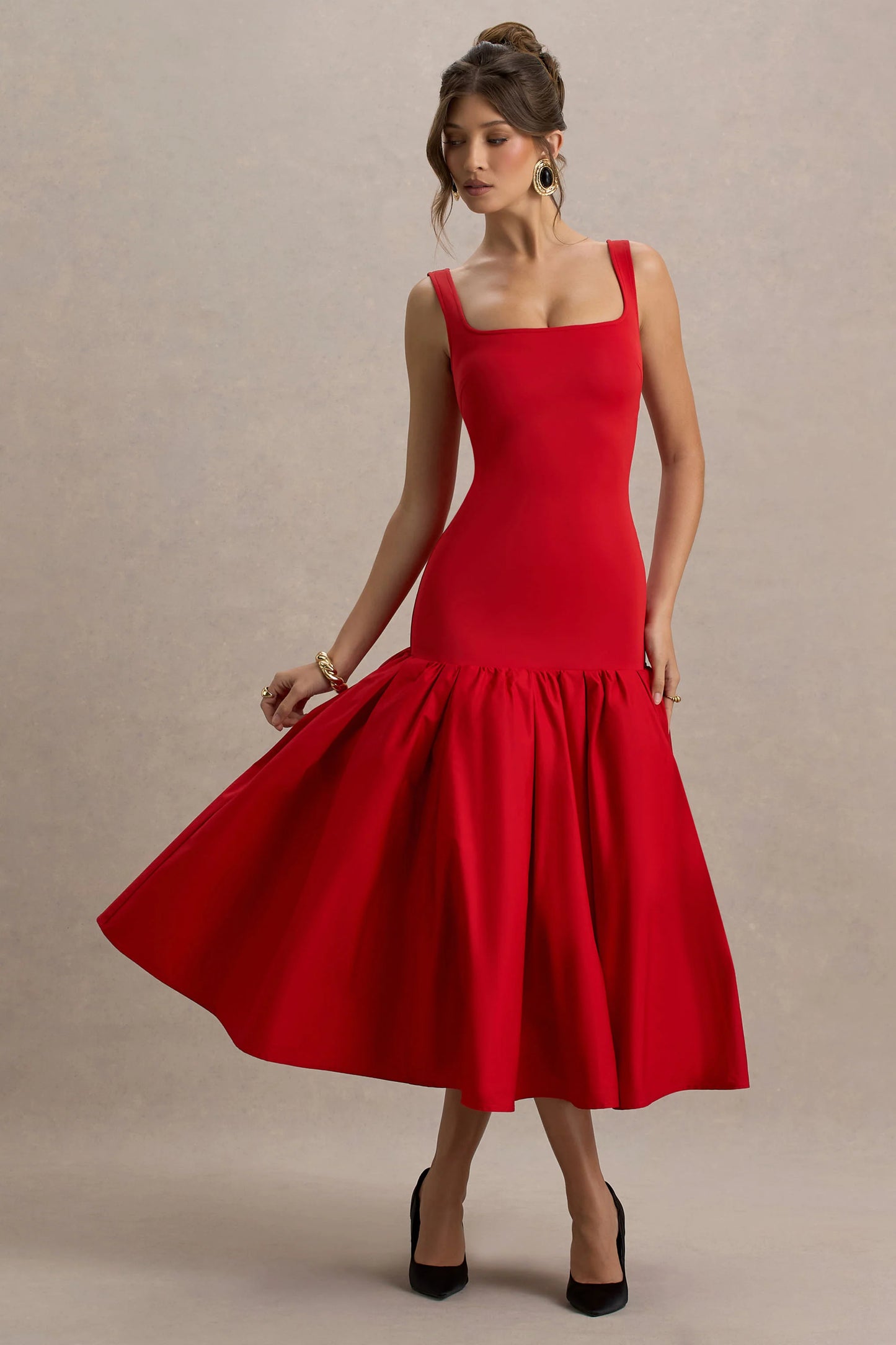 Parida Red Poplin Drop-Waist Midi Dress With Peplum Hem