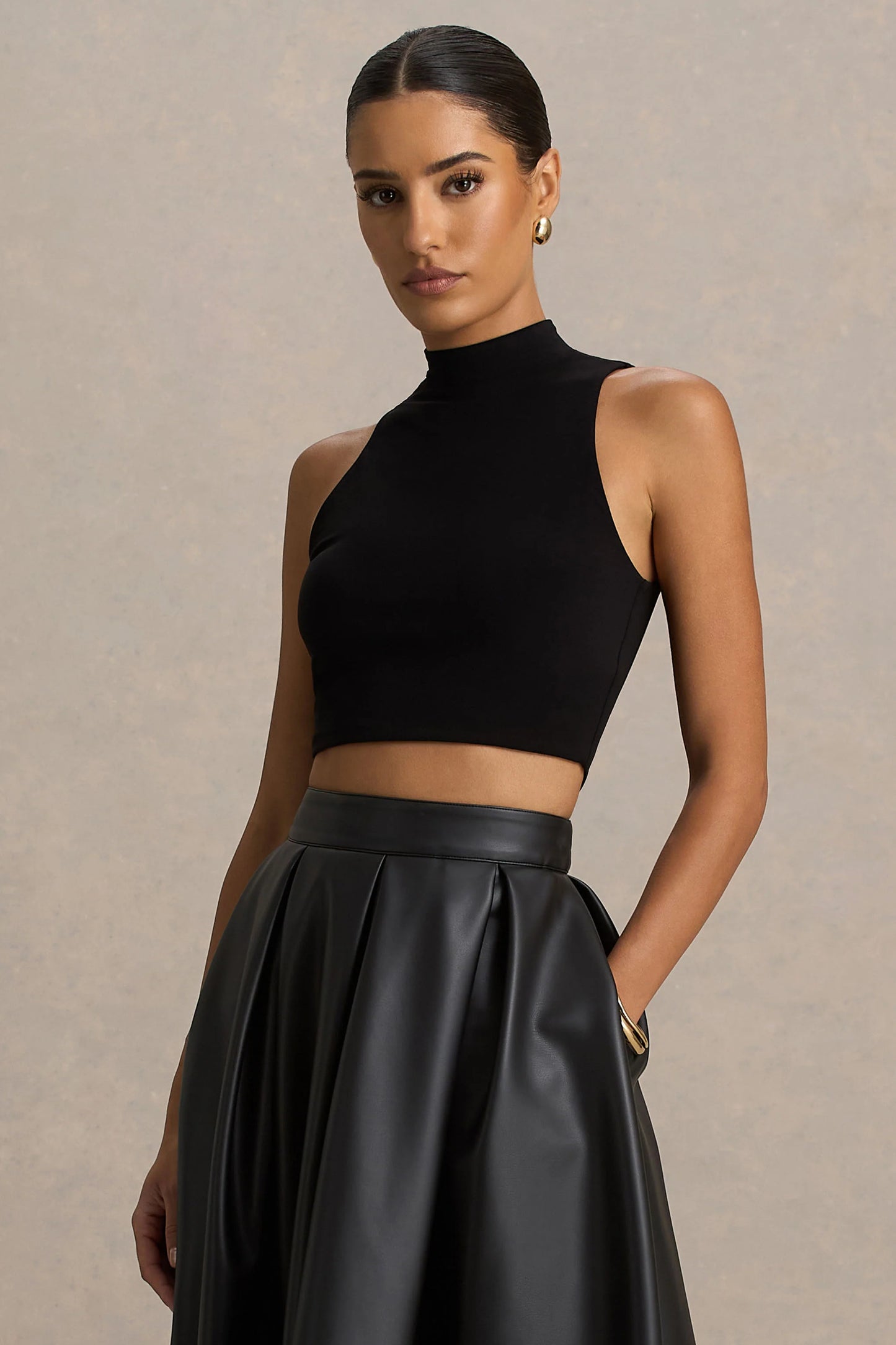 Sian Black High-Neck Crop Top
