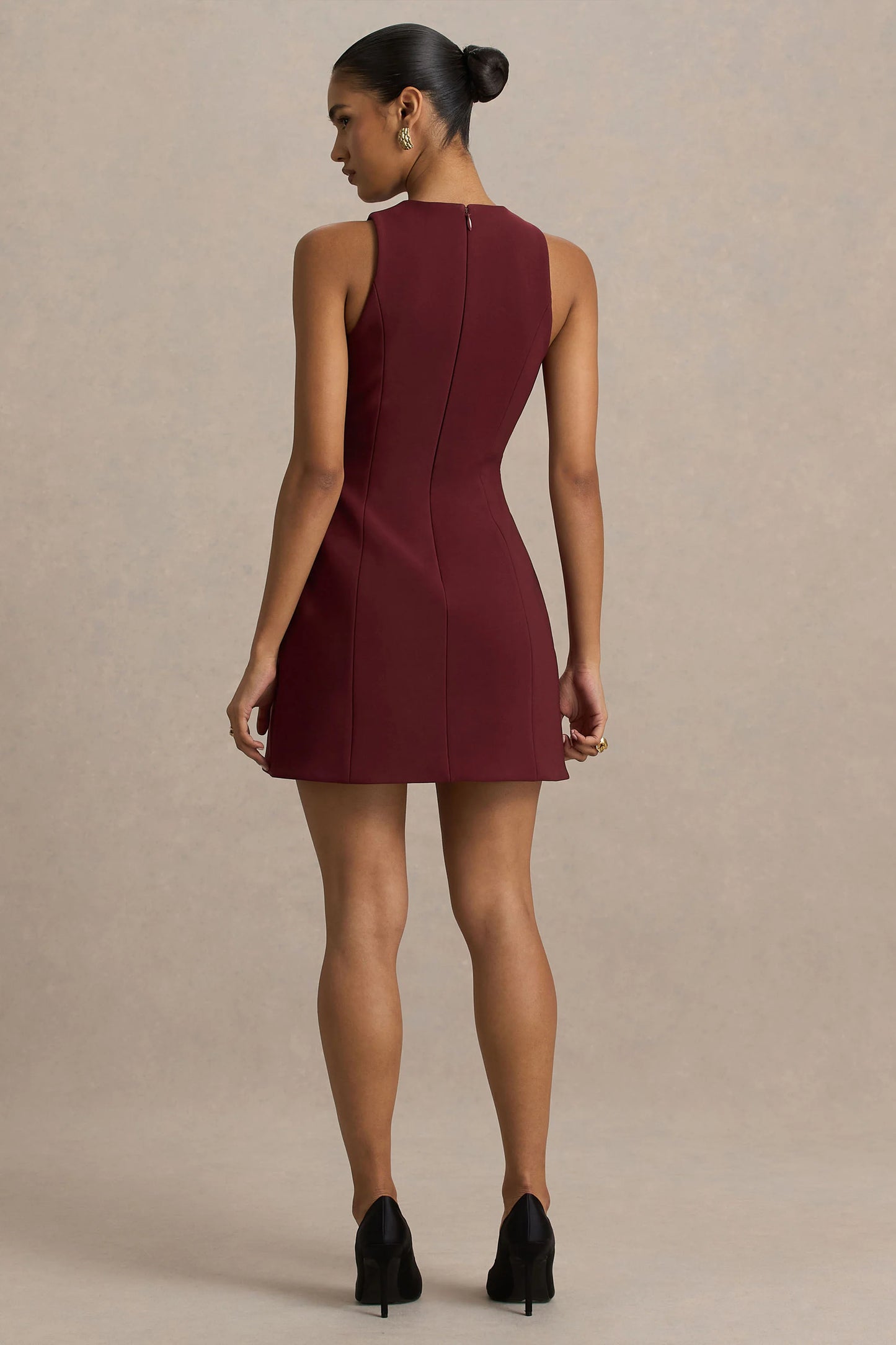 Belony Dark Plum Crew-Neck Mini Dress With Button Detailing