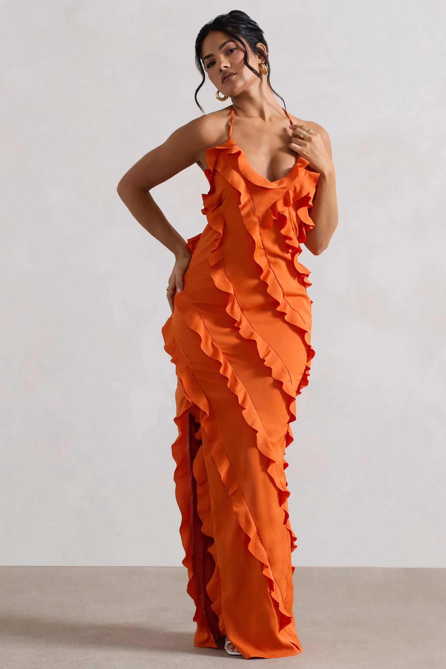 Full On Orange V-Neck Ruffle Maxi Dress