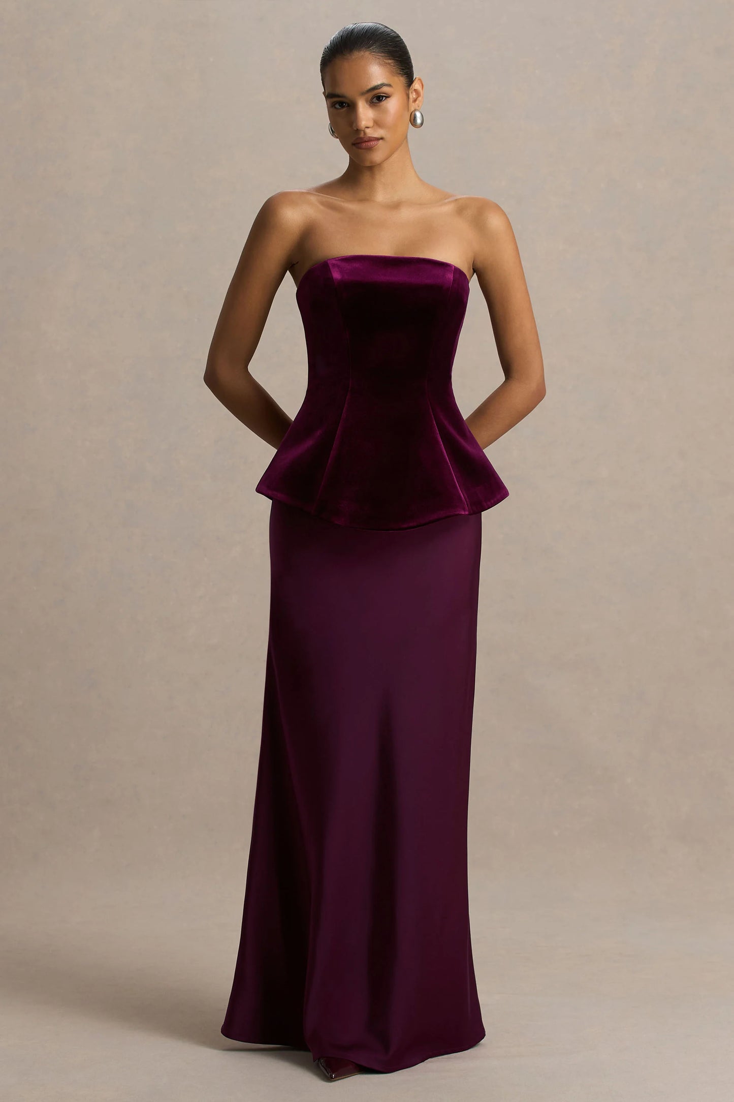 Indulgent Burgundy Velvet And Satin Bandeau Corset Maxi Dress