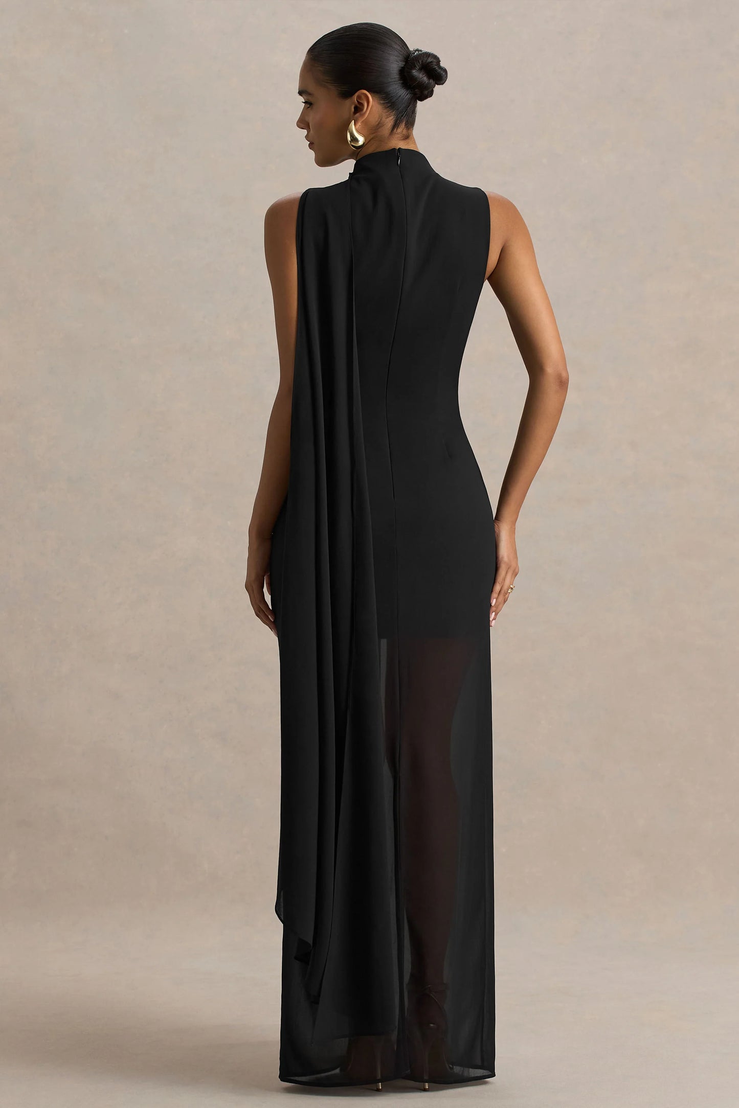 Unpredictable Black High-Neck Maxi Dress With Back Cape Detail