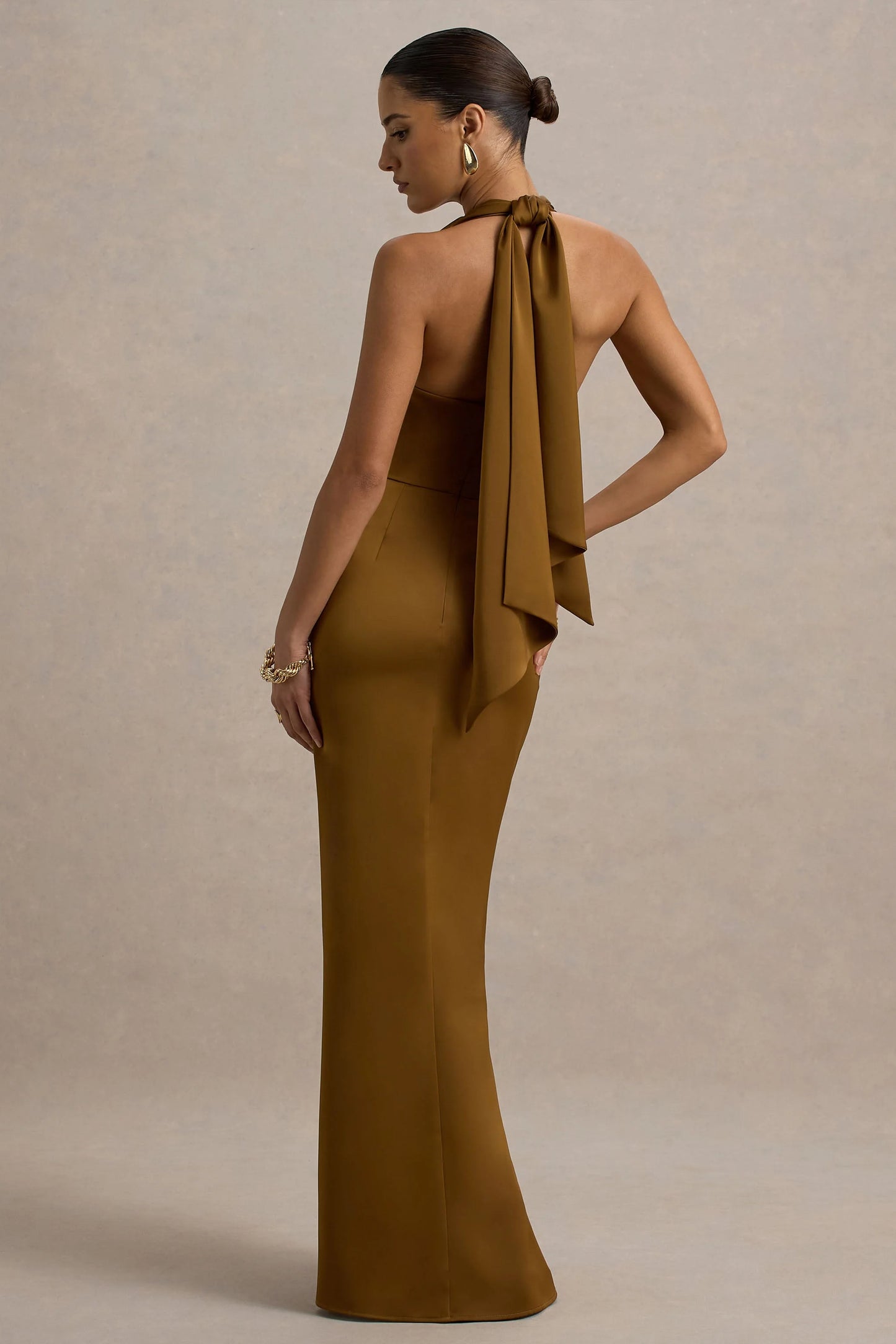 Lynette Olive Satin Plunge-Neck Maxi Dress With Asymmetric Hem