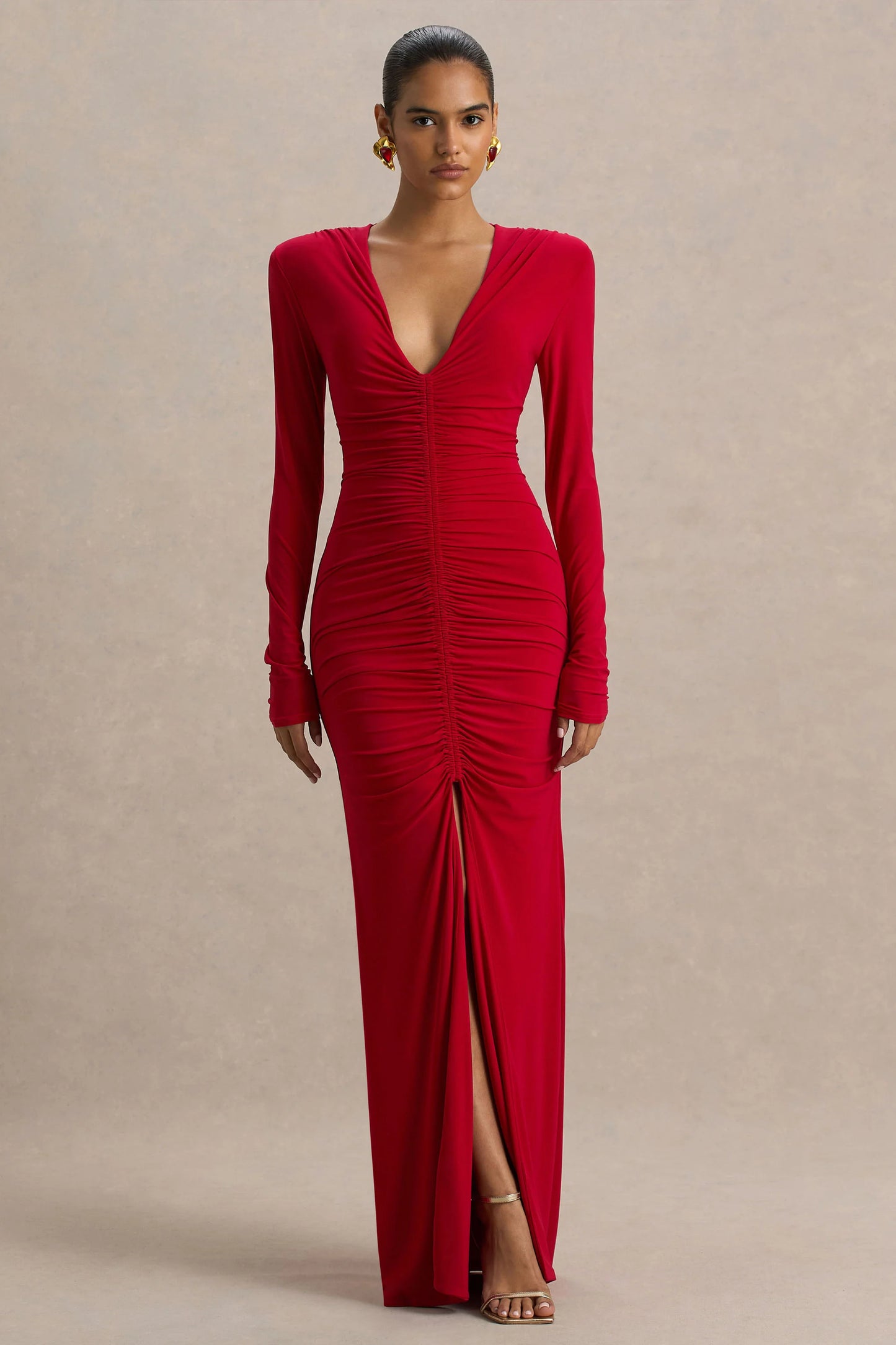 Jewel Red Plunge-Neck Maxi Dress With Front Split and Ruched Detailing