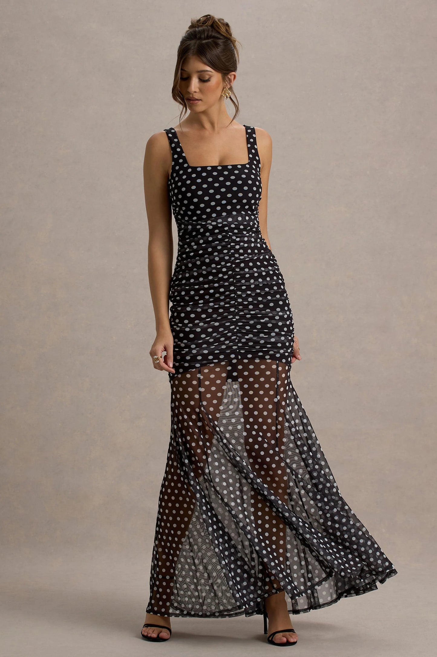 Galaxia Black & White Polka Dot Maxi Dress With Mesh Skirt
