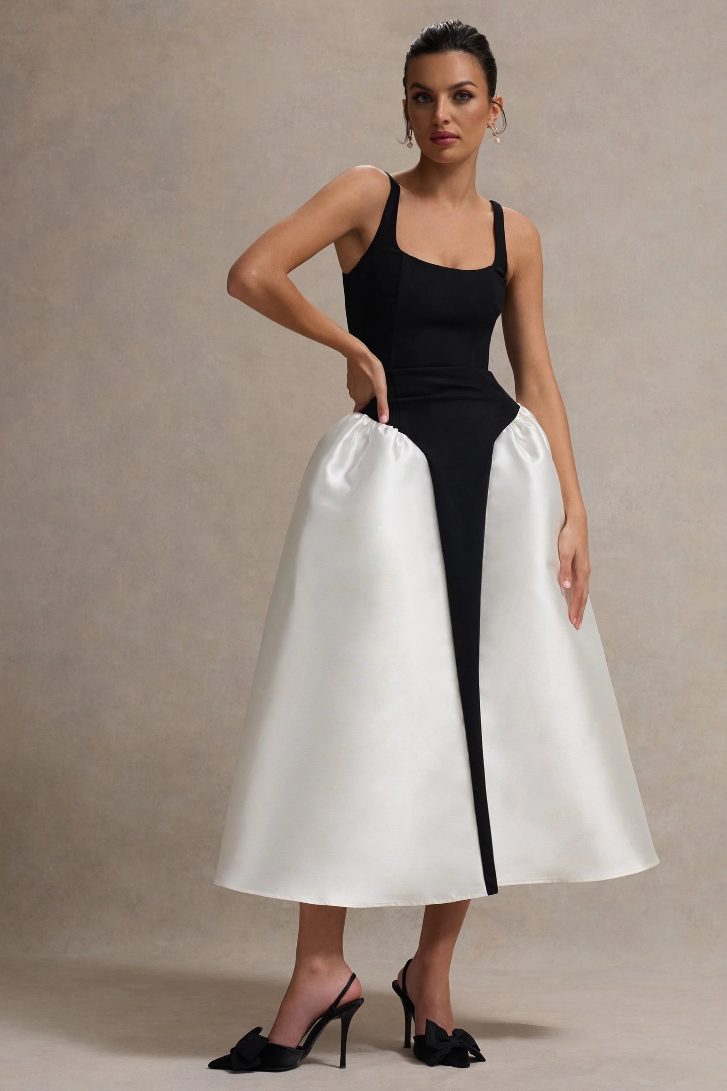 Christie Black and Cream Scoop-Neck Midi Dress With Volume Skirt