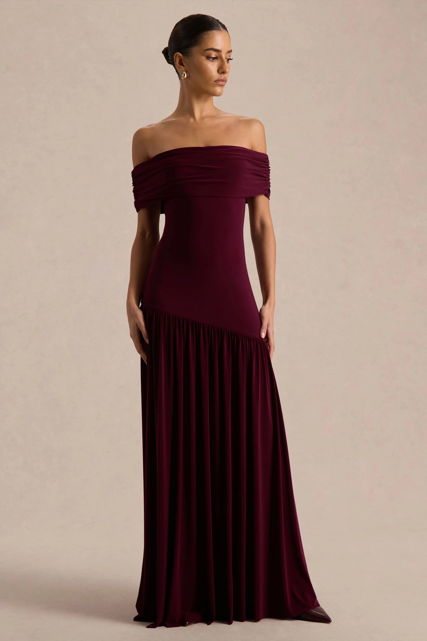 Venezia Burgundy Bardot Maxi Dress With Drop-Waist