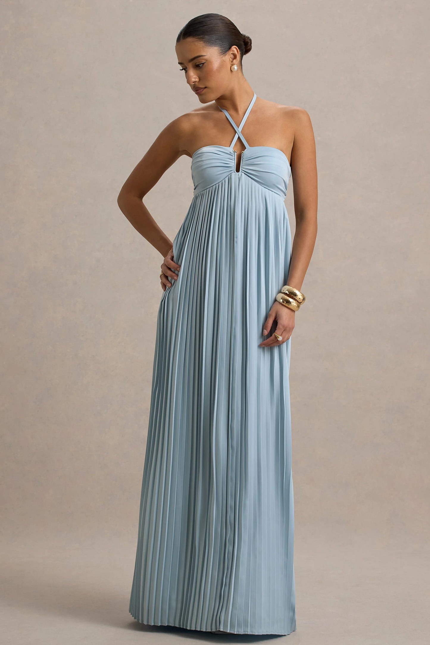 Elayne Powder Blue Halter-Neck Maxi Dress With Cut-Out Detail