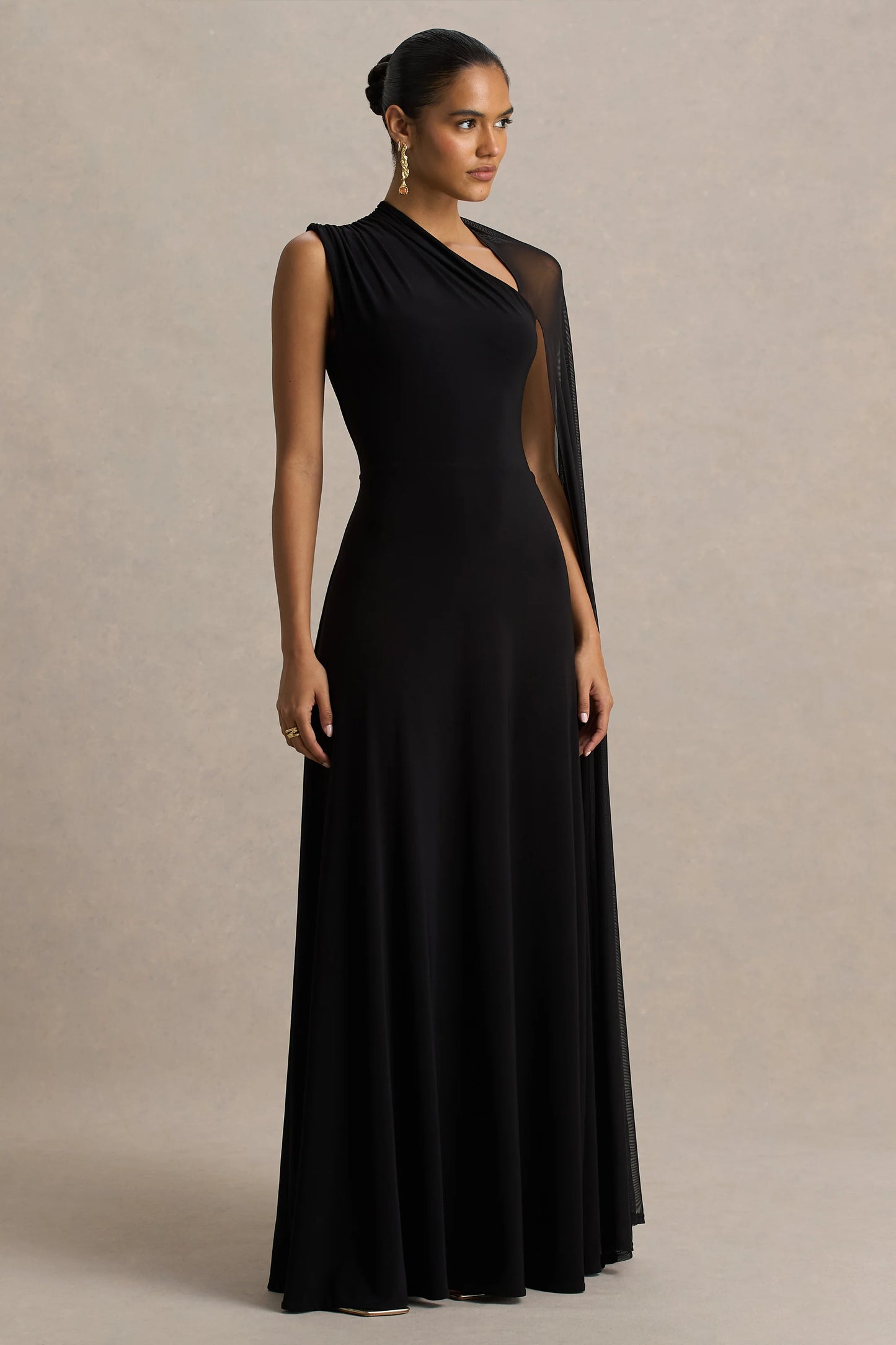 Selena Black High-Neck Maxi Dress With Cut-Out And Cape Sleeve Detail