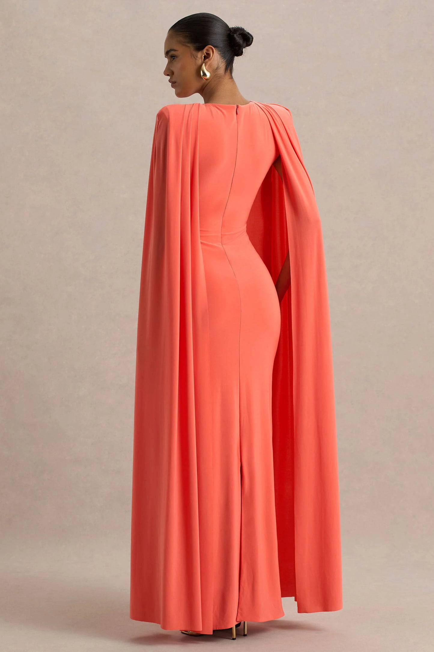 Mimi Coral High-Neck Maxi Dress With Cape Sleeve Detail
