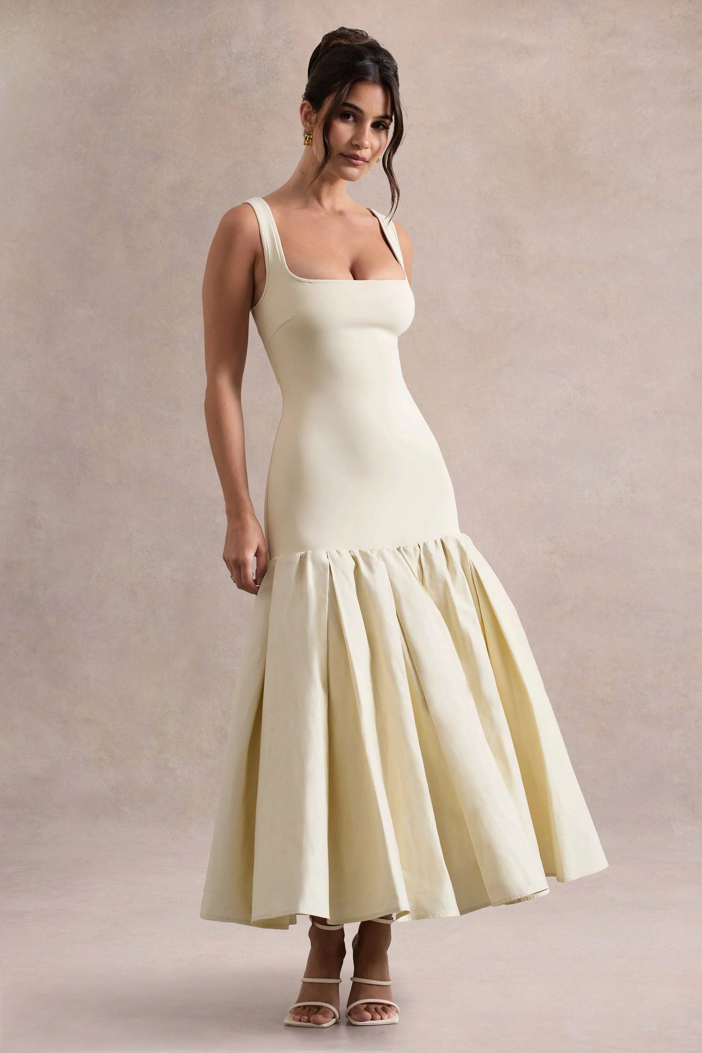 Parida Cream Poplin Drop-Waist Midi Dress With Peplum Hem