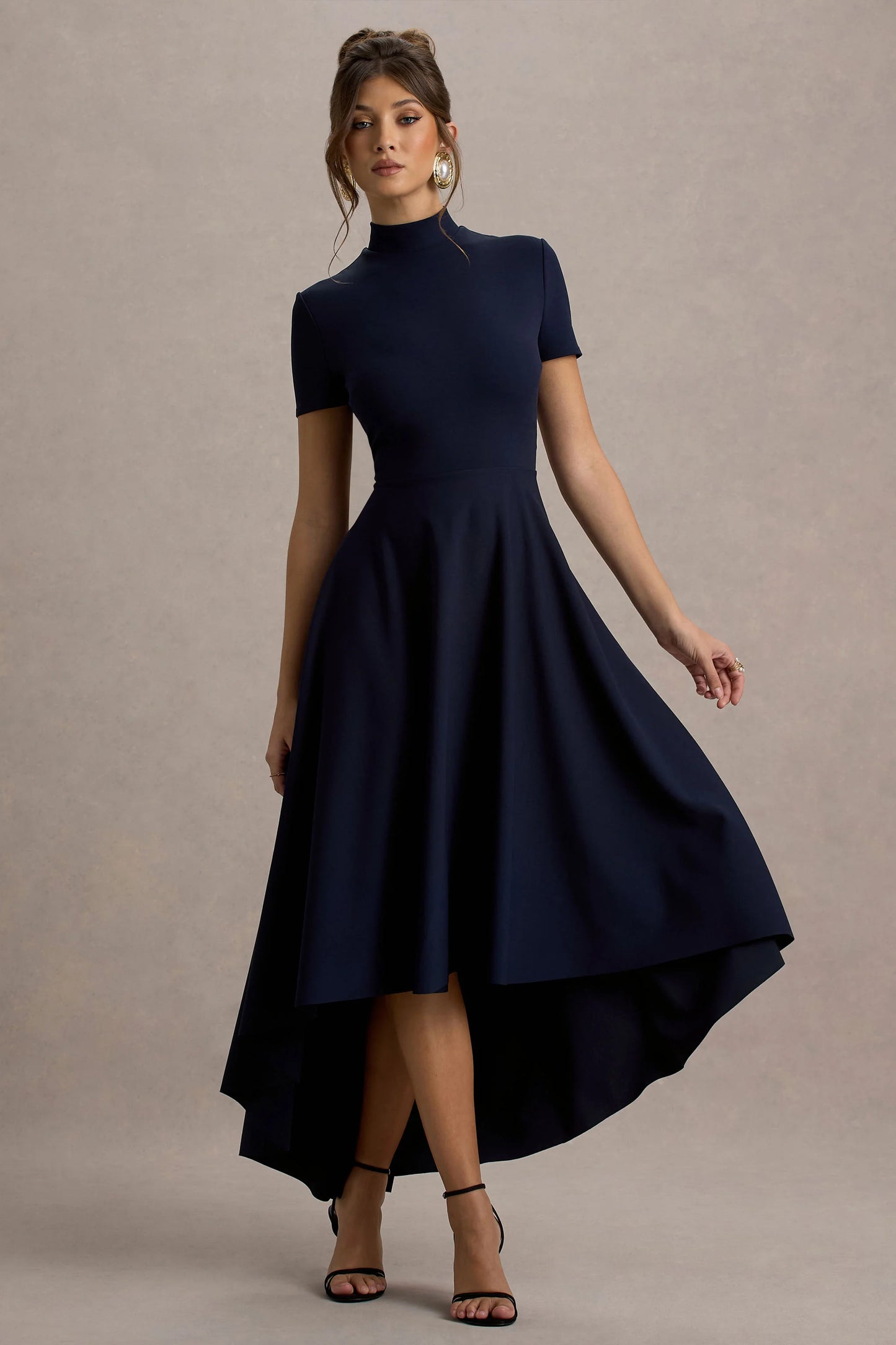 Bellona Navy High-Neck High-Low Midi Dress