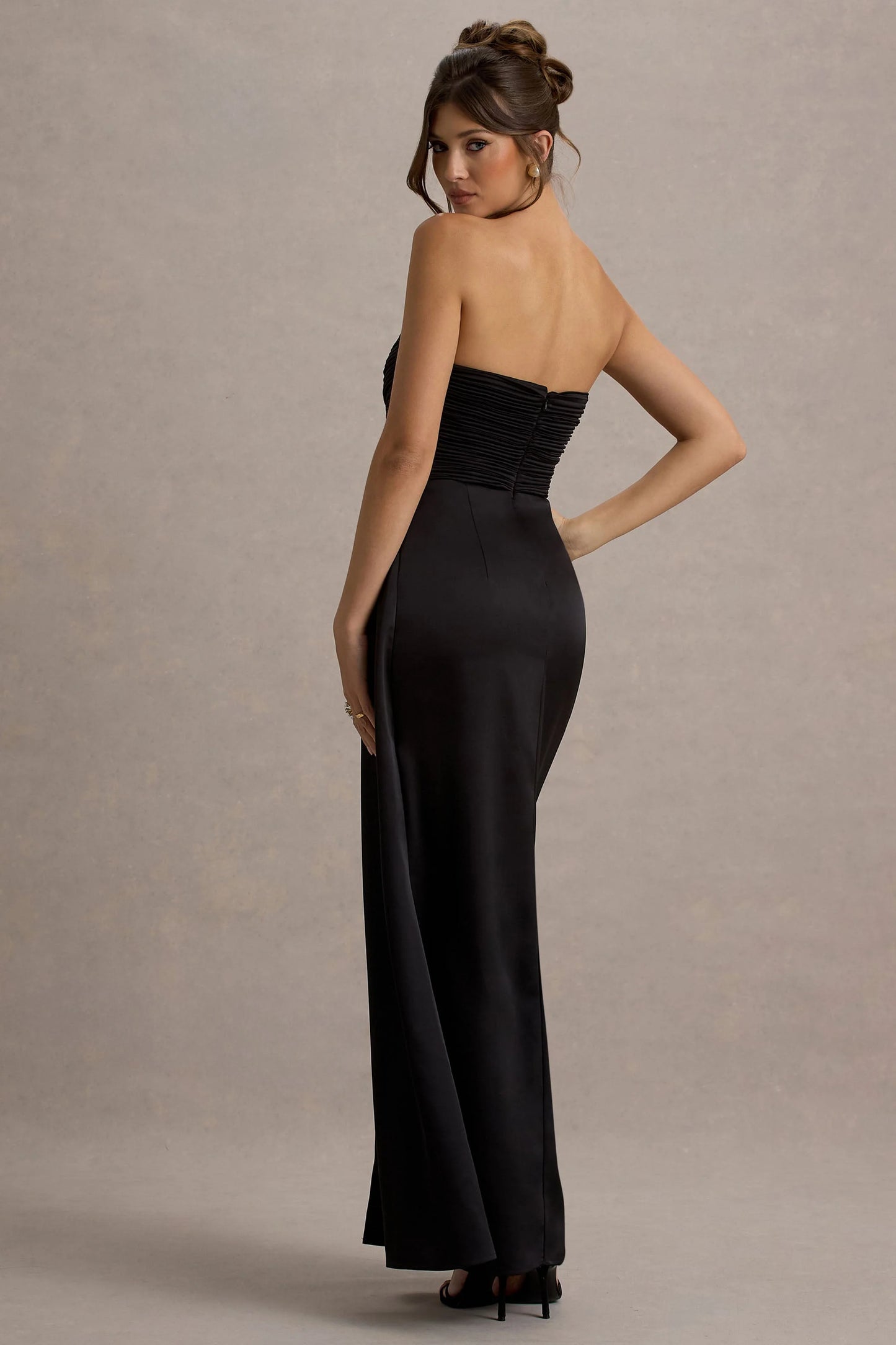 Edel Black Satin Strapless Maxi Dress With Drape