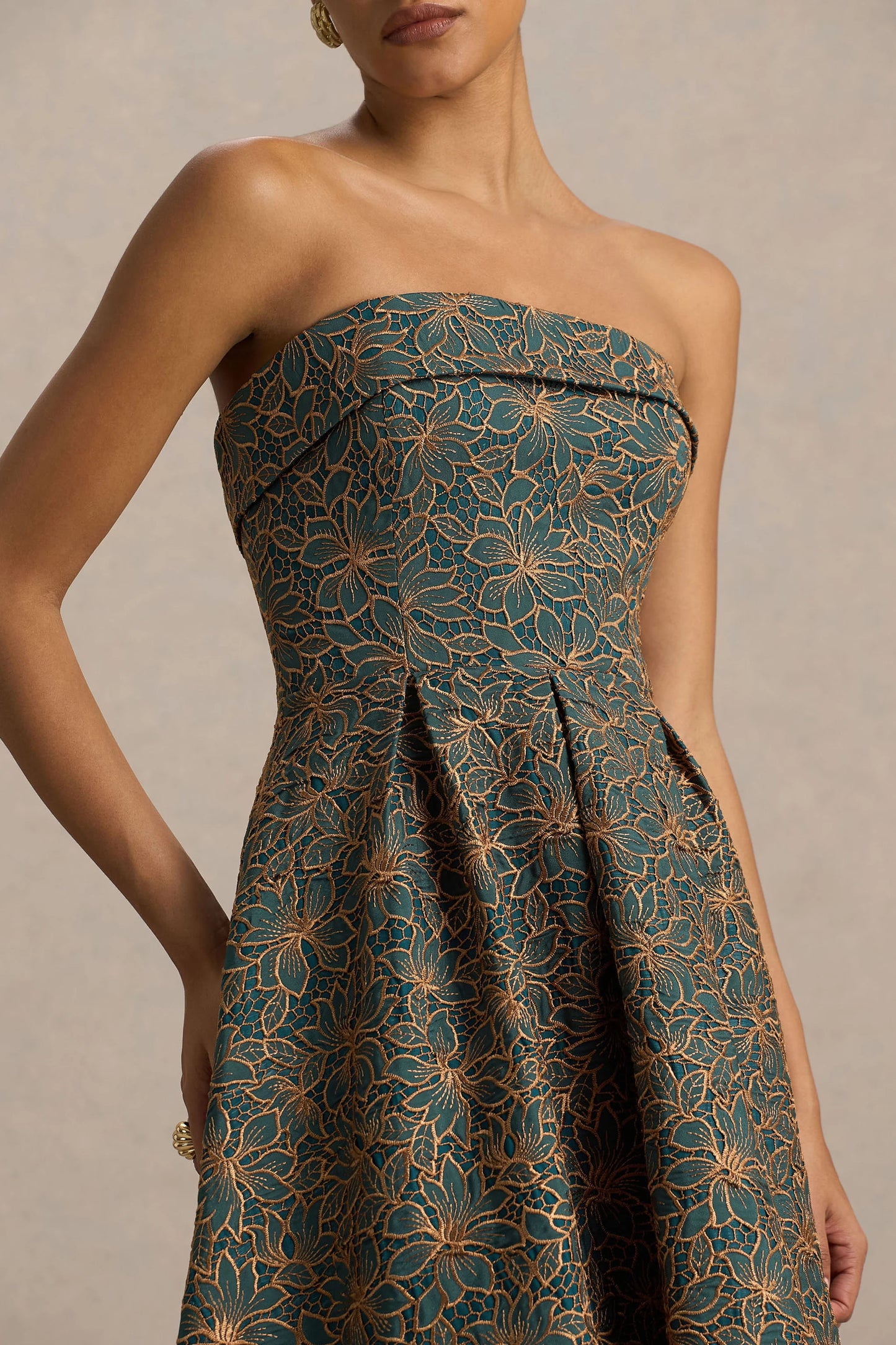 Loretta Dark Green And Rust Embroidered Bandeau Midi Dress