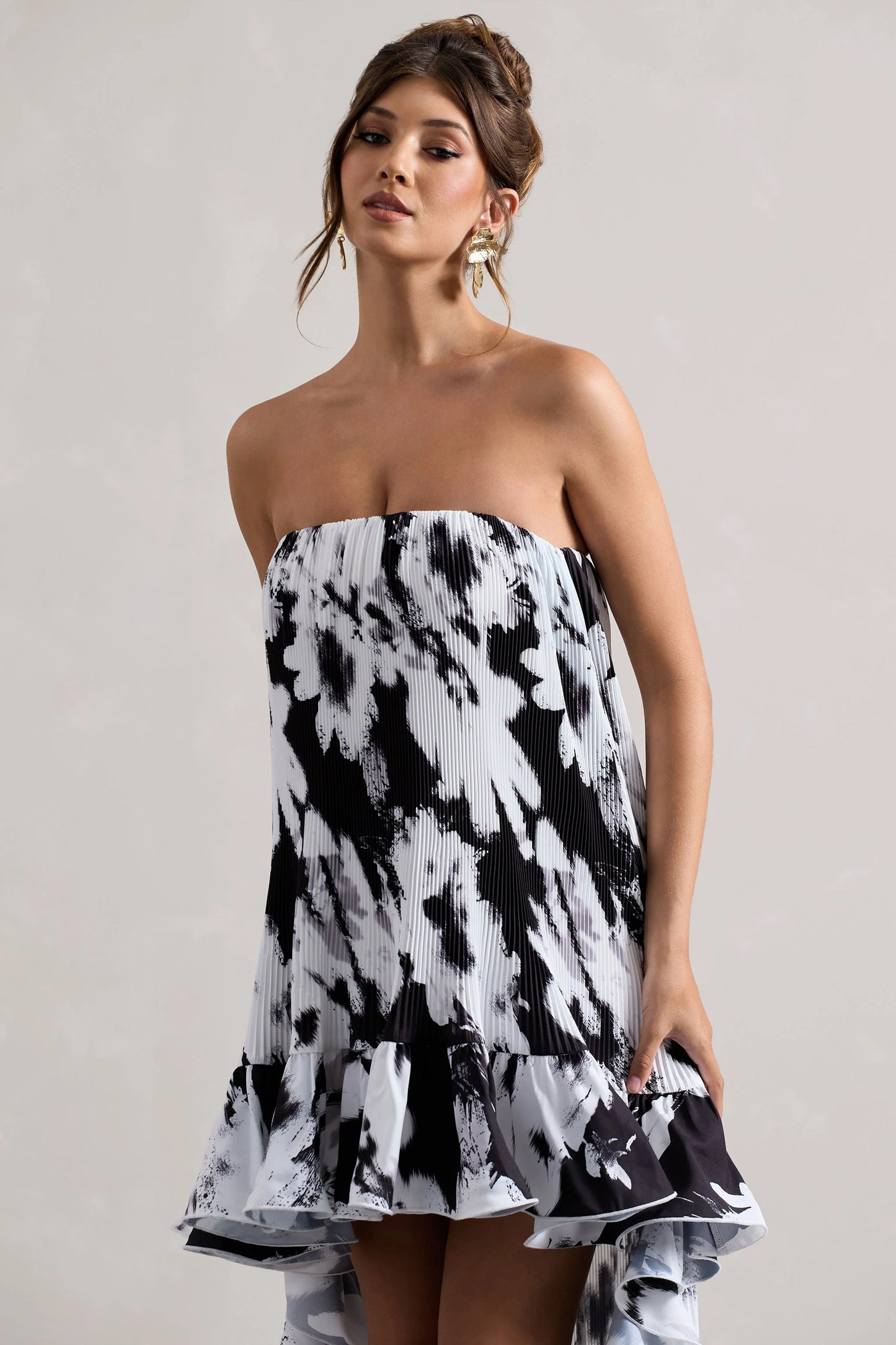 Whistler Monochrome Floral Chiffon Bandeau High-Low Ruffled Maxi Dress